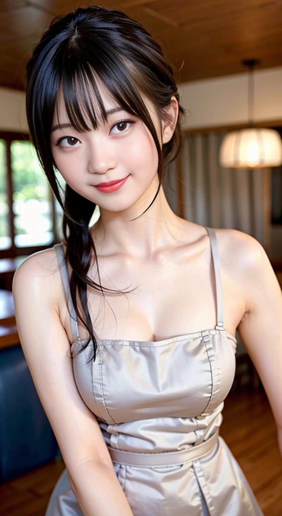 Best quality, masterpiece, ultra high res, (photorealistic:1.37), raw photo, ((Beautiful illustration)), 1girl, beautifull eyes, beautifull face, detailed eyes and face, t-shirt, dynamic lighting, in the dark, deep shadow, low key, cowboy shot, ((organized fingers)), ((smile)), (((Tank Top, Tense Shirt))), ((large full ))