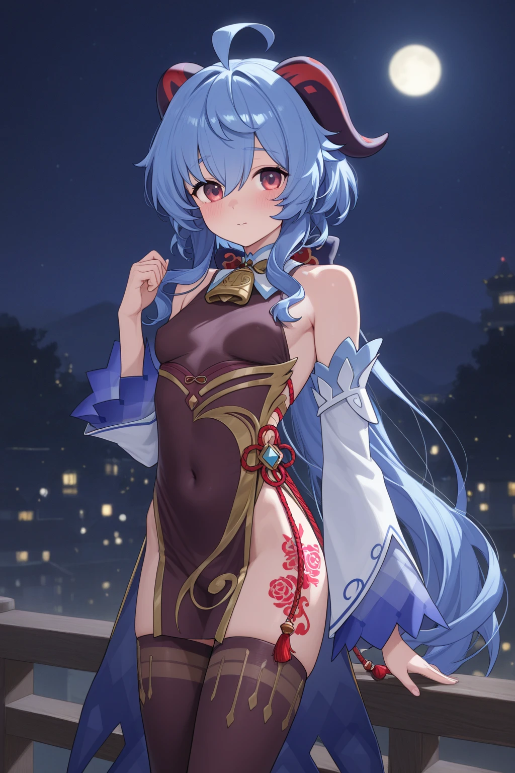 (Highest quality), (masterpiece), 1080P, High resolution, 4K, 8K, Sweat, Red nose, China dress, Bare shoulders, Side bust, Underarm, Thighs, Raise your arms, Light blue, Medium chest, Shooting from below, 18-year-old, Live Stage, black string panties