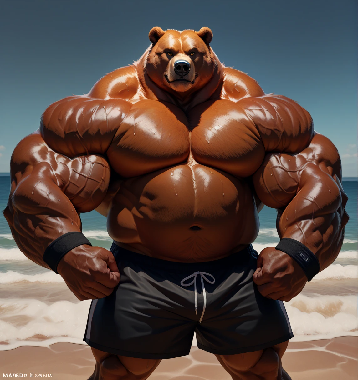 a huge muscular furry Grizzly bear old man swimming in sea, huge shoulder muscle , shirtless, muscle, strong man, strong bear, huge muscle, short hair, bearded, white hair and beard, , thick heavy brown fur, wrinkles skinned, strong muscle, strong and intimidated, masterpiece, muscular, commission for high res, male, fantasy art, very very beautiful art, art painting , painting art