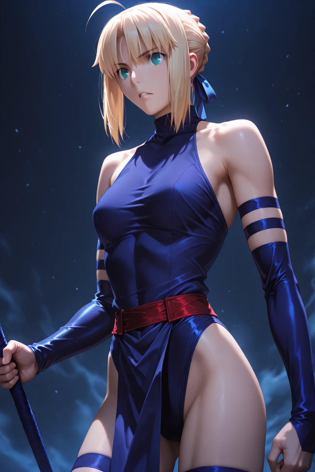 Masterpiece, highlydetailed, Hyperrealistic, HD fullbodyshot from below of a beautiful Tsukuyo from gintama, wearing a falloff shoulders geisha outfit and fishnet, smoking pipe, face stitchs, glowing purple Eyes, blond hair, hairpins, high heels, traditional fan , perfect face features with serious gaze looking downward, perfect body shape with curvy and muscular seductive body,