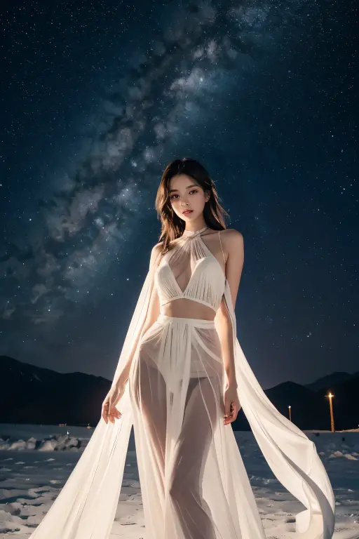 masterpiece, Beautiful goddess of the void, Full body white transparent clothes standing under the stars on an empty night, disappearing transparent pants, telegraph clerk, tall figure, slim legs, face details, Detailed body part details, 8k wallpaper