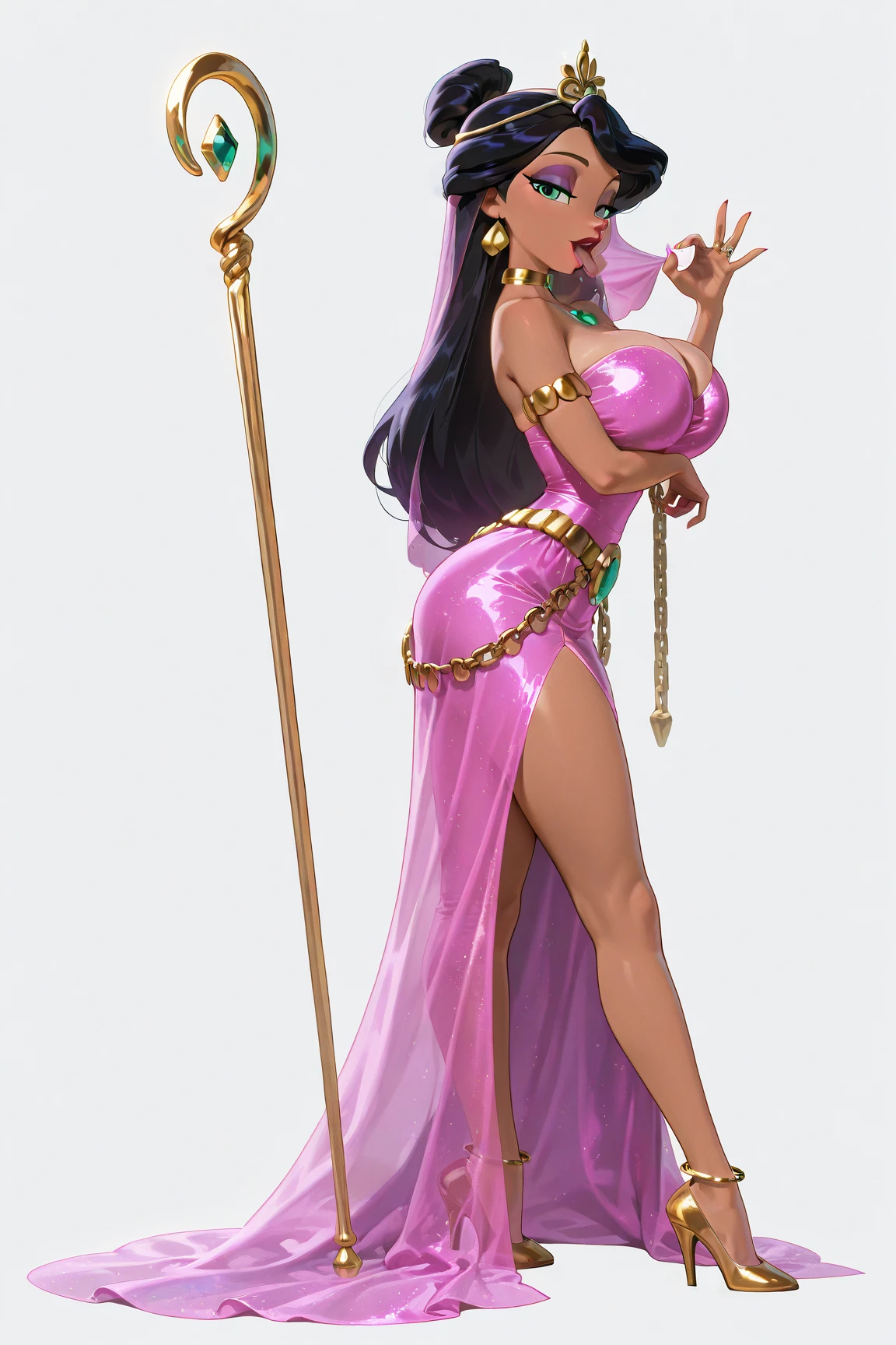 woman,1female,((sexy attractive woman,20 years old female,adult)),((((Nordic girl)))),
(large breasts:1.5),saggy breasts,(((blond hair:1.4,light hair,straight hair,long ponytail hair:1.4,colored inner hair))),(((blue_eyes:1.3))),intricate eyes,beautiful detailed eyes,symmetrical eyes,((((dark skin:1.4,lustrous skin:1.5,bright skin: 1.5,skin tanned,shiny skin,very shiny skin,shiny body,illuminated skin)))),(spider lower abdomen,narrow waist,wide hip,bimbo body,inflated legs,thick thighs),(((detailed face))),
(cute,slutty,sensual,seductive look,seductive,((erotic)),opulent,sumptuous,longingly,(nsfw)),
queen,goddess,fantasy,(slutty, harem outfit, arabian dancing girl,belly dancer outfit,slave,leia slave outfit,jewelry,sheer loincloth, pelvic curtain, midriff, bracelets,),((eyeshadow,elegant makeup,eyelid makeup,glittery pink lips,pink lipstick)),((Transparent cloth:1.1)), (((Sexy pink dress, gown outfit))),(arabian jewelry,intricate necklace),(((intricate outfit,intricate clothes,embroidered outfit,ornate outfit))),
(dynamic pose:1.0),embarrassed,(centered,scale to fit dimensions,Rule of thirds), siting in the bed, ((holding a mobile))
((pine forest)),scenery:1.25,((intricate scenery)),((forest background)),
(Glossy ornaments),highres,sharp focus,(ultra detailed,extremely detailed),(photorealistic artwork:1.37),(extremely detailed CG unity 8k wallpaper),(((vibrant colors,vibrant theme))),(intricate),(masterpiece),(best quality),