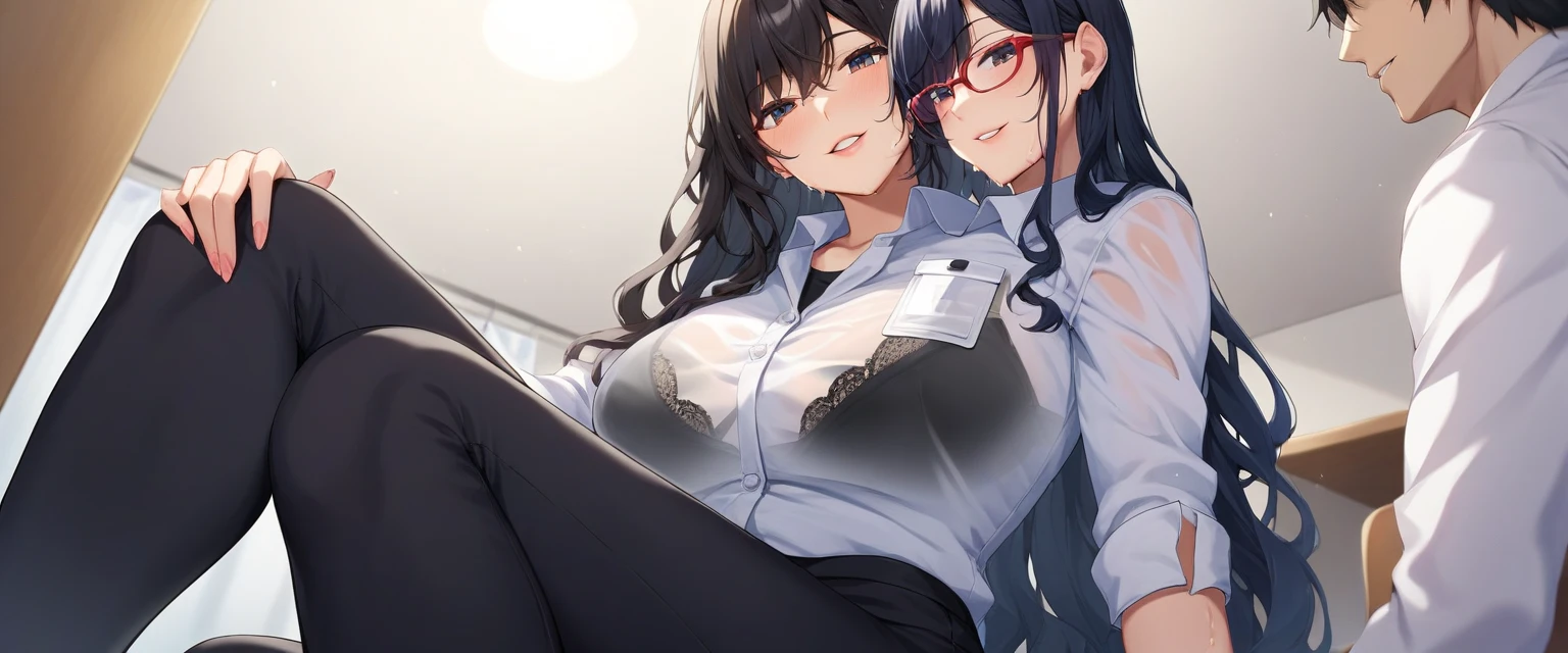((super high quality,Ultra-high resolution,16K,super masterpiece,Ultra HD ,Detailed shading)),Dark bedroom,Lying in bed,((3Mature women:1.8,sexy mothers)),Bust 85cm,Cleavage,(Naked shirt,popped Tight collar White shirts,Long sleeve),Glasses,View here,blush,Ahegao,Ecstatic smile,Sweaty,A small amount of drooling,Open your legs a little,semen,Pearl Earrings,Pearl Necklace,Engagement Rings,