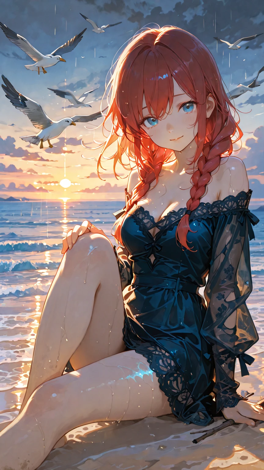 Realistic photos, Focus distance 10mm, Red and white, A big smile, Beautiful girl, Realistic photos, Focus distance 10mmで撮影, masterpiece, 最high quality, high quality, Very detailed CG 8k wallpaper unit, Award-winning photography,  Depth of written boundary, High resolution, bloom, chromatic aberration, Realistic, Very detailed, Art Station Trends, CGsociety Trends, Complex, High detail, dramatic, Art on the go, volumetric lighting, A young woman with red hair, in a shimmering green dress with seashell details, inspired by Disney's Ariel, sitting on a rock by the sea with a dreamy expression