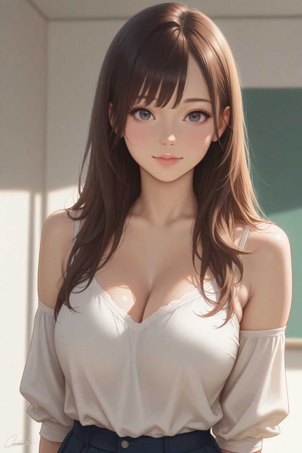 (2young girls:1.3), Supreme cuteness, Super beautiful detailed face, Highest Quality, Highest image quality, Top resolution, RAW Photos, Realistic, Photorealsitic, ultra detailed and beautiful, highest details, Beautiful fair skin and luster, Beautiful big eyes, Gloss on lips, Straight hair blown by the wind, Slender body, (Beautiful breasts:1.3), Open mouth slightly, Cute smile, (High school uniform with wide open chest:1.4), (Exposing your chest:1.3), portrait of cute girl, indoors, classroom,