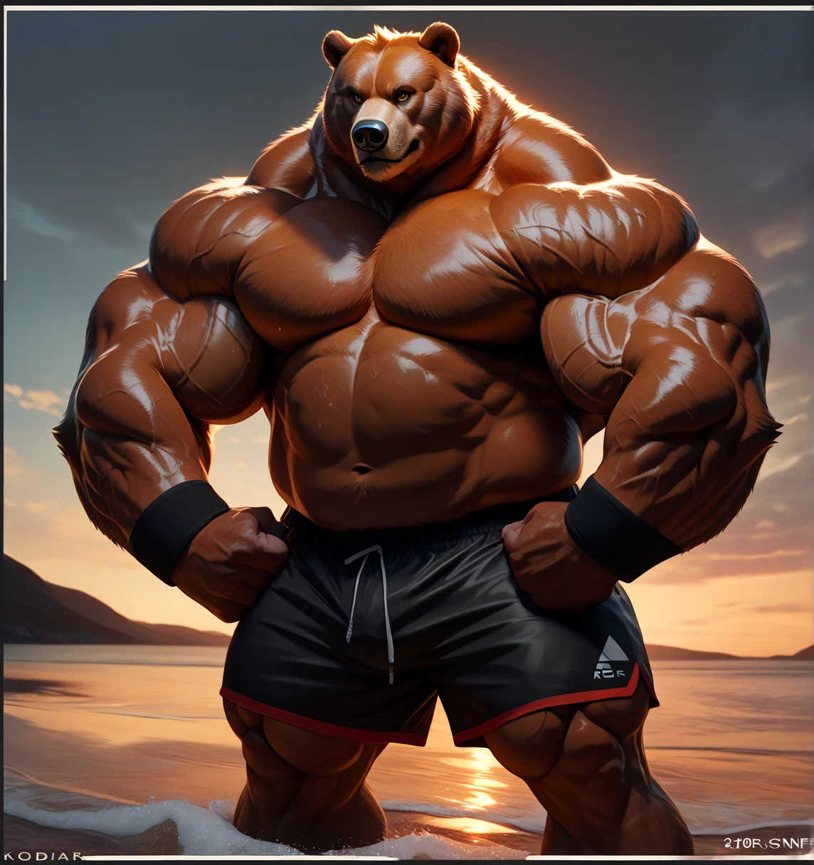 Sharp focus, masterpiece, 8k, intricate artwork, hyper detailed, high detail, best quality, perfect colors, perfect shadows, perfect lighting, posted on e621, furry body, close-up, anthro brown bear, (veiny, massive strongman, burly, manly, brutal face features, masculine:1.3), (monotone brown fur), male, correct anatomy, (photorealistic fur, detailed hairs, wet fur, epic, masterpiece:1.2), by Taran Fiddler, by Rukis, Bonifasko lighting, (by Blotch), standing, detailed bear eyes, bare torso, (soaked red swimming boxers, outline:1.3), looking at the viewer, best posture, (standing in water, hands behind head, washing:1.2), ((low angle view))