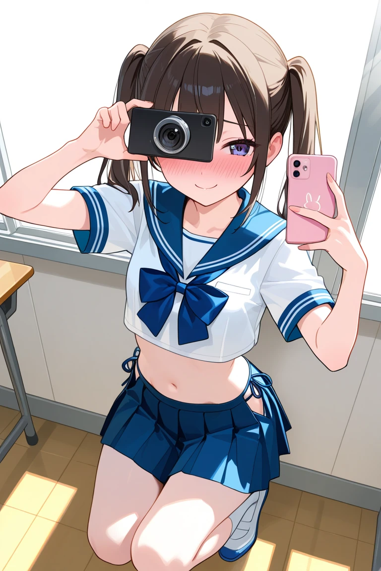 Hatopopoko、18-year-old、pretty girl , Short brown hair, Crouched down and looking embarrassed,smile、mischief、Pleasure、 Steam rises around her, Shooting from below, One girl, Very short hair, White blouse, Navy Blue Skirt, Navy blue socks, Brown Loafers, White panties, Red frame glasses, Everyday Style, Highest quality, 4K, 8K, High resolution, masterpiece:1.2, Super detailed, Realistic, photoRealistic, photo-Realistic:1.37, High resolution, 超High resolution, Studio Lighting, Ultra-fine painting, Sharp focus, Physically Based Rendering, Very detailed explanation, Professional, Vibrant colors, Bokeh