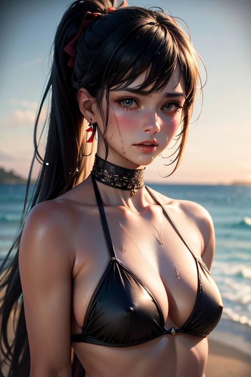 (8ก, Highest quality: 1.3), Very detailed, Complete solution, (Realistic, Realistic photo: 1.37), Portraiture, High resolution RAW color photograph, Professionally arrested, High resolution and beautiful, High resolution, 8ก Image Wallpaper, Amazing details, Large file size, Very detailed美しい女の子, (Ideal body proportions:1.8), Very detailed faceexpressive lips, (Super beautiful big eyes with fine definition:1.5), The skin texture is fine., All features are shown in detail., The outline of the fingers was beautifully drawn.., The nose is precisely shaped., expressive lips, Perfect Anatomy, (Detailed Beach,crowd, background, background is not blurred:1.6),One Story, 20th generation, pretty girl, Realistic、(Front view:1.4),(Face Focus:1.3),Perfect breasts,Round Breasts,(Big Breasts:1.5),(View your viewers:1.5), Perfect Ass, Cute Face, Sexy Face, Sexy Body,( Very lean body:1.6),Sexy pose, blush, Glamorous Body, Young people, Extra curly hair, Long, curly purple hair, Very big hair, Extra curly hair, Hair loss, hair accessory, Earrings, meanwhile, necklace, bracelet, stockings, (Sculpture Pose:1.5), (Ultra detailed bondage:1.4),Browsing Caution, (Open your mouth:1.3),(Loose fitting bikini:1.5),