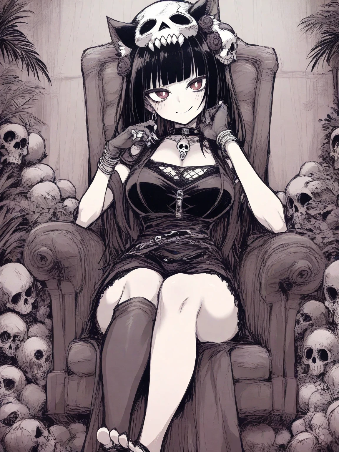 Black Hair、Black Feather、Gothic punk dress、Legs sticking out,Sit on a chair, Crossing your legs、Throne,anime zombie witch design, Crossbones, skull, Streetwear Design, Provector, Horror Style, Full Design, Only 6 colors, Solid Colors, No Shadow, Full Design, Stickers, Bright colors, White Background.Ultra-fine illustrations,(((Beautiful fine hair))),(((Beautiful Faces))),(((Beautiful background))),(((Beautiful fine hair))),(((Beautiful Faces))),(((Beautiful background)))、Black Hair、Blunt bangs,Undershot((Right hand white eye,Left eye purple)),Otto Eyes