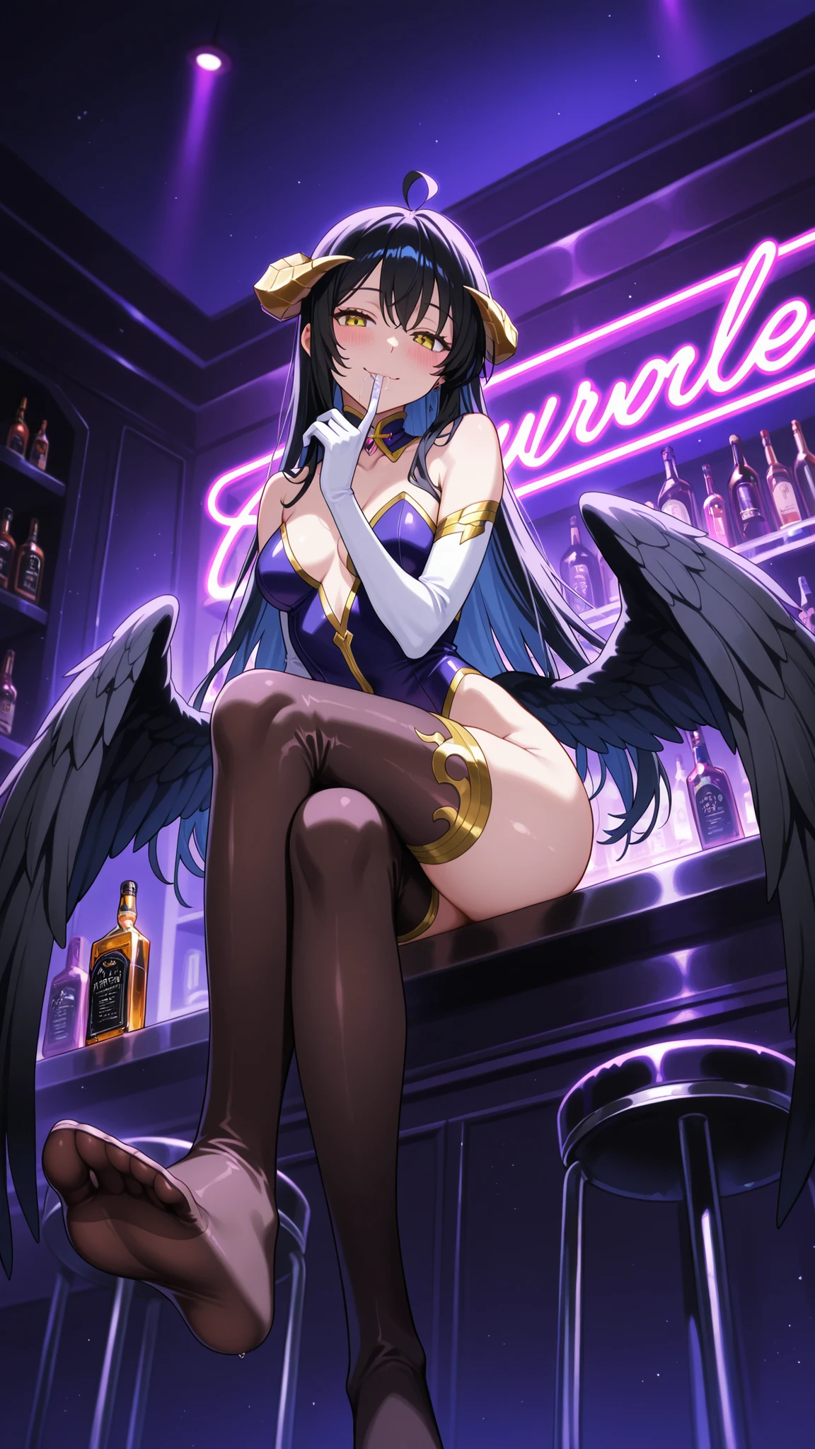 BREAK (masterpiece:1.2), best quality, high resolution, unity 8k wallpaper, (illustration:0.8),Luxurious modern bar interior at night, high-end design, glossy marble floors with reflections, neon lighting in purple and blue tones, glass and chrome surfaces, elegant bar stools, shelves with premium alcohol bottles glowing softly, ambient reflections on surfaces, cinematic atmosphere, ultra-detailed, realistic lighting, shallow depth of field, high-end nightlife vibe,blush,raised hips,seductive expression,albedo, ahoge, black hair, horns, long hair, yellow eyes,cleavege,stockings,bare hips, bare shoulders, black wings, detached collar, elbow gloves, feathered wings, gloves, gold trim, high collar, hip vent, jewelry, low wings, white gloves, wings,collarbone, sleeveless, jawerly,piercing,looking at viewer,arched back,sitting on bar,cross legs,from below,feet,smile,sucking finger,saliva