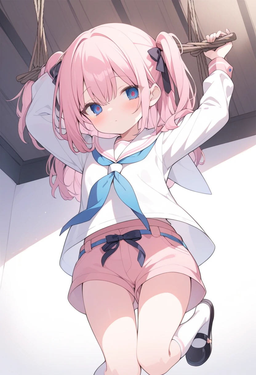 1girl, nsfw, white panties, skirt lift, classroom, blush, sweat, trembling,