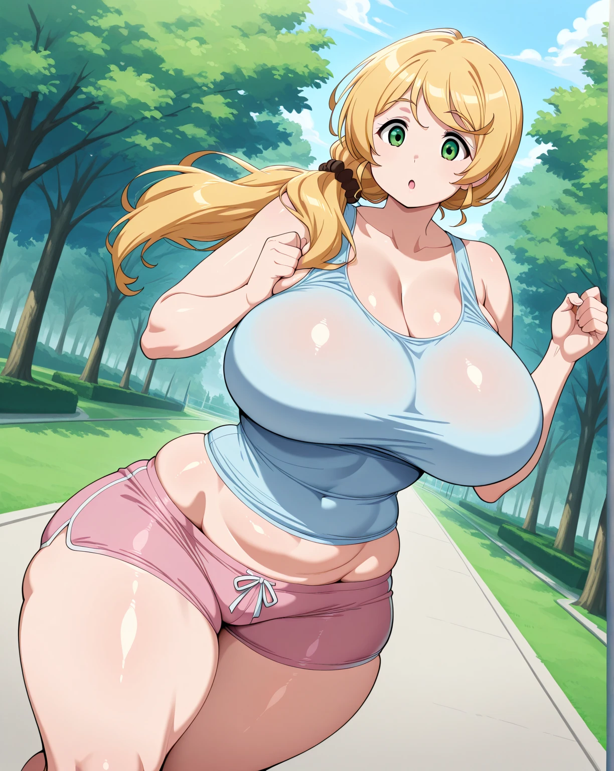 venusbody,1girl,solo,(huge breasts:1.1),gigantic hips,wide hips,thick thighs,(huge thighs:1.3),white tube top, white microskirt,smile,happy,open mouth,thighhighs,very long hair,short hair,brown hair,(Light skin:1.4),blonde hair,forehead,looking at viewer,outdoors,collar,glasses