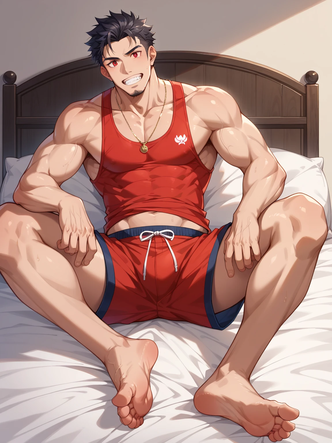 Cartoon man in blue shorts sitting on a bed with white sheets, Cool anime poses, muscular!!, Tall anime man with blue eyes, Anime handsome man, muscular!, Perfect body, male anime character, Shirtless :: High Detail, (SFW) Work, muscular的姿势, Handsome guy in the art of slaying demons, muscular!!!, Male Art