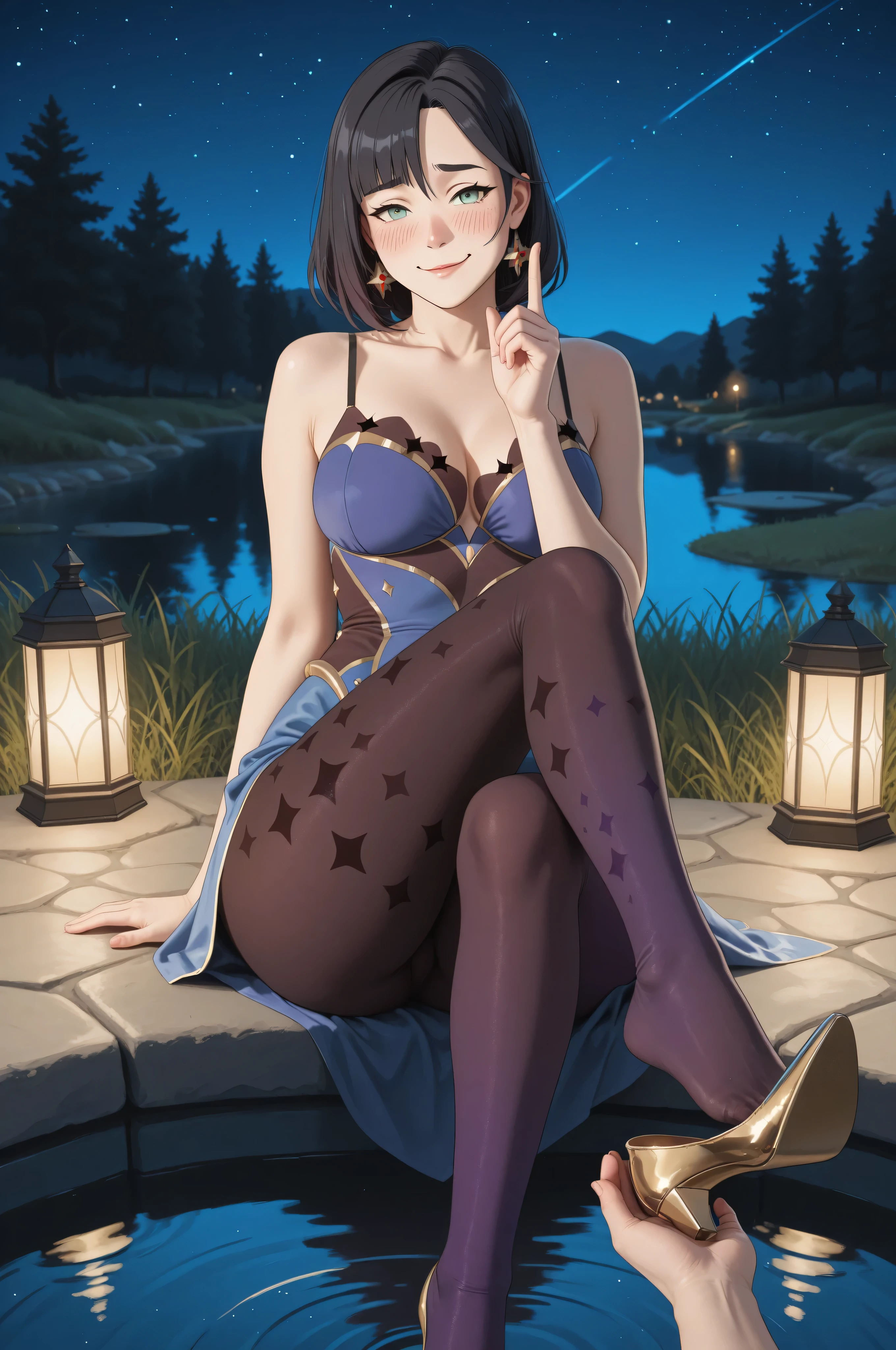 Mona face:1.0, adult mature Mona:1.0, Mona outfit:1.0, Mona golden shoes:1.0, Mona purple pantyhose:2.0, shoe dangle:2.0, Mona posing on a magic pond, night time, magical lighting, two thirds profile, high angle shot, HDR, perfect face, green eyes, smirk, nervous, blushing, touching her foot with her own index finger, highlight face, highlight legs,