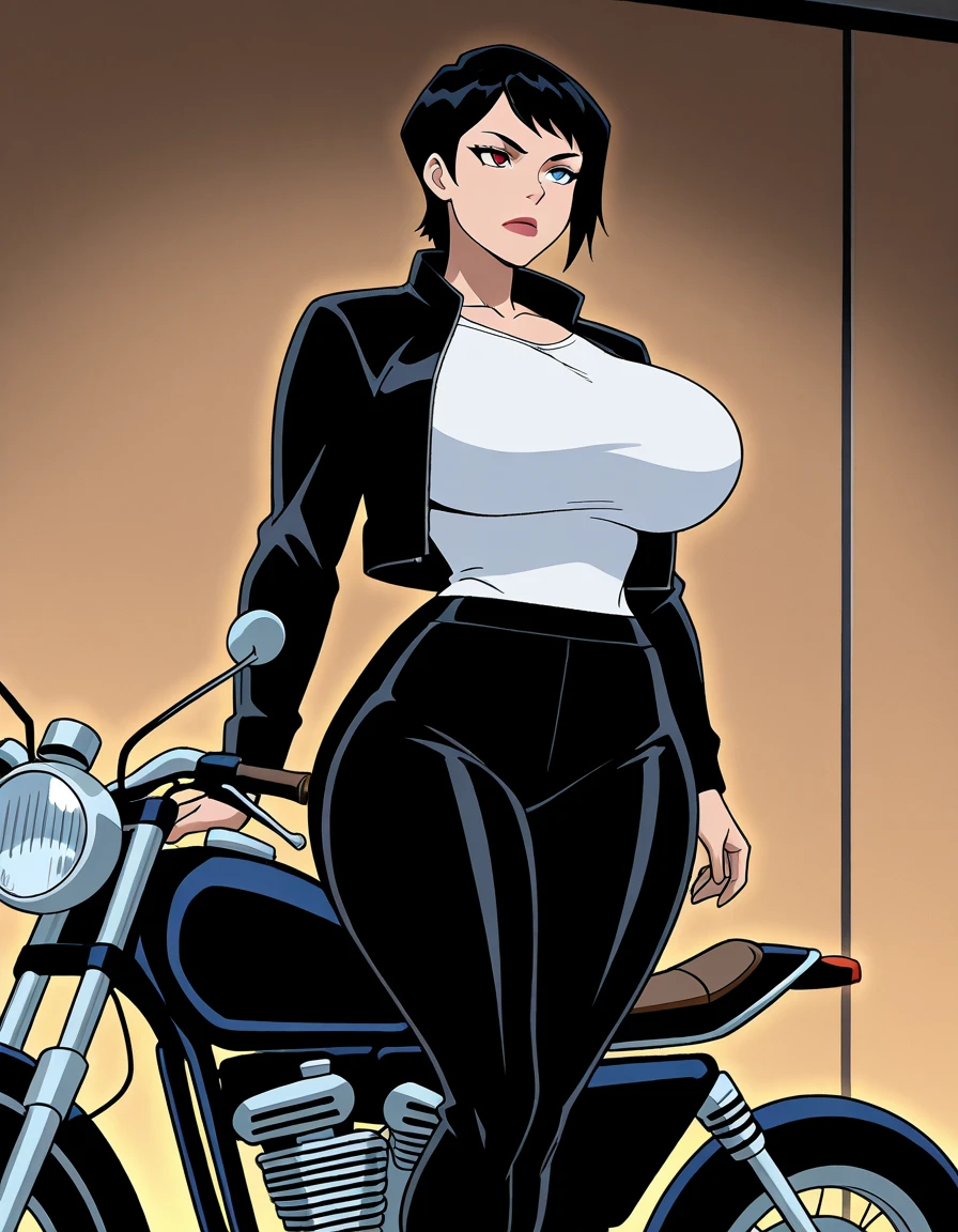 (masterpiece, top quality, best quality, official art, beautiful and aesthetic:1.2), (1girl:1.3), (gorgeous face), light freckles, fair skin, brown hair, extremely detailed, portrait, looking at viewer, solo, (full body:0.6), detailed background, close up, (airy modern theme:1.1), extremely busty but very slender motorcycle girl, ponytail, big lips, arched back, flexing, charlatan, smirk, mysterious, riding a street bike, motorcycle, sports bra, black jacket, leather pants, ((motorcycle helmet)), bullet bike, motorcycle, cyberpunk city street, well-lit, thin and toned physique, ((((gigantic breasts, cleavage, skindentation)))), slim waist, slim hips, long legs, modern (city exterior:1.1) background, dark mysterious lighting, shadows, magical atmosphere, dutch angle,