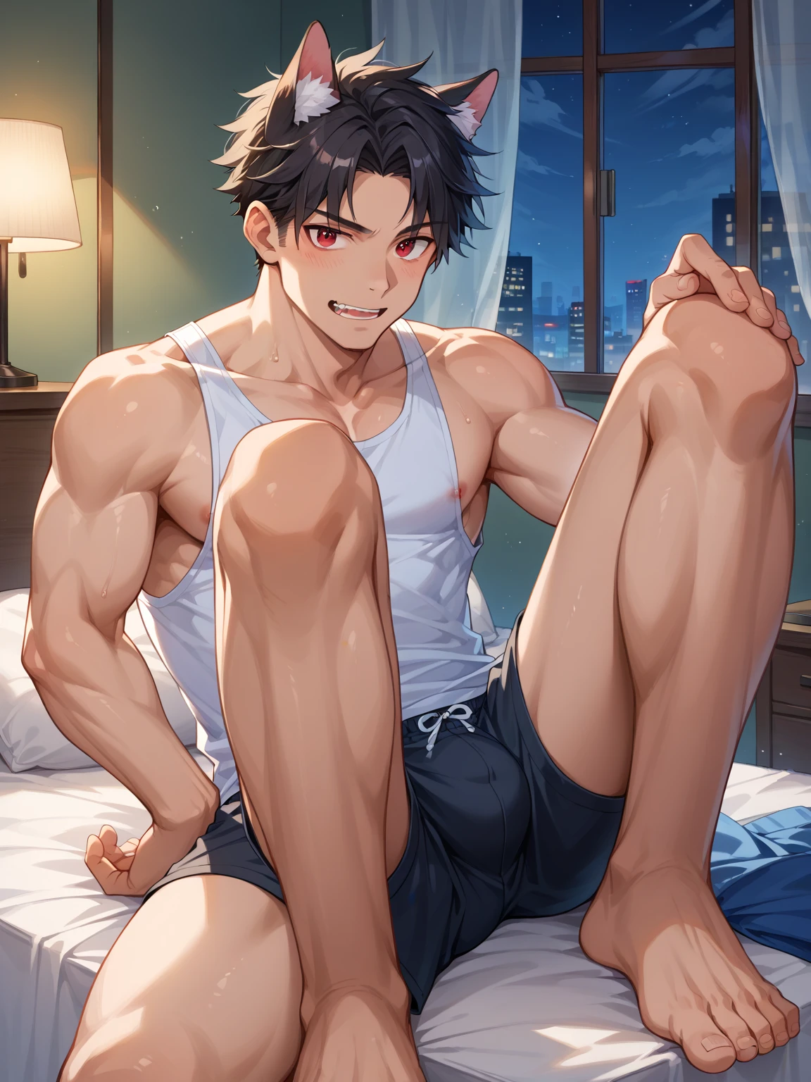 (absurd, high resolution, Extremely detailed), masterpiece, best quality, ((Mature and handsome man)), Blushing smile,muscular, handsome guy, Big biceps, Abdominal muscles, thigh, Broad shoulders, Open the chest,, Black short hair,sweat, Shirtless,