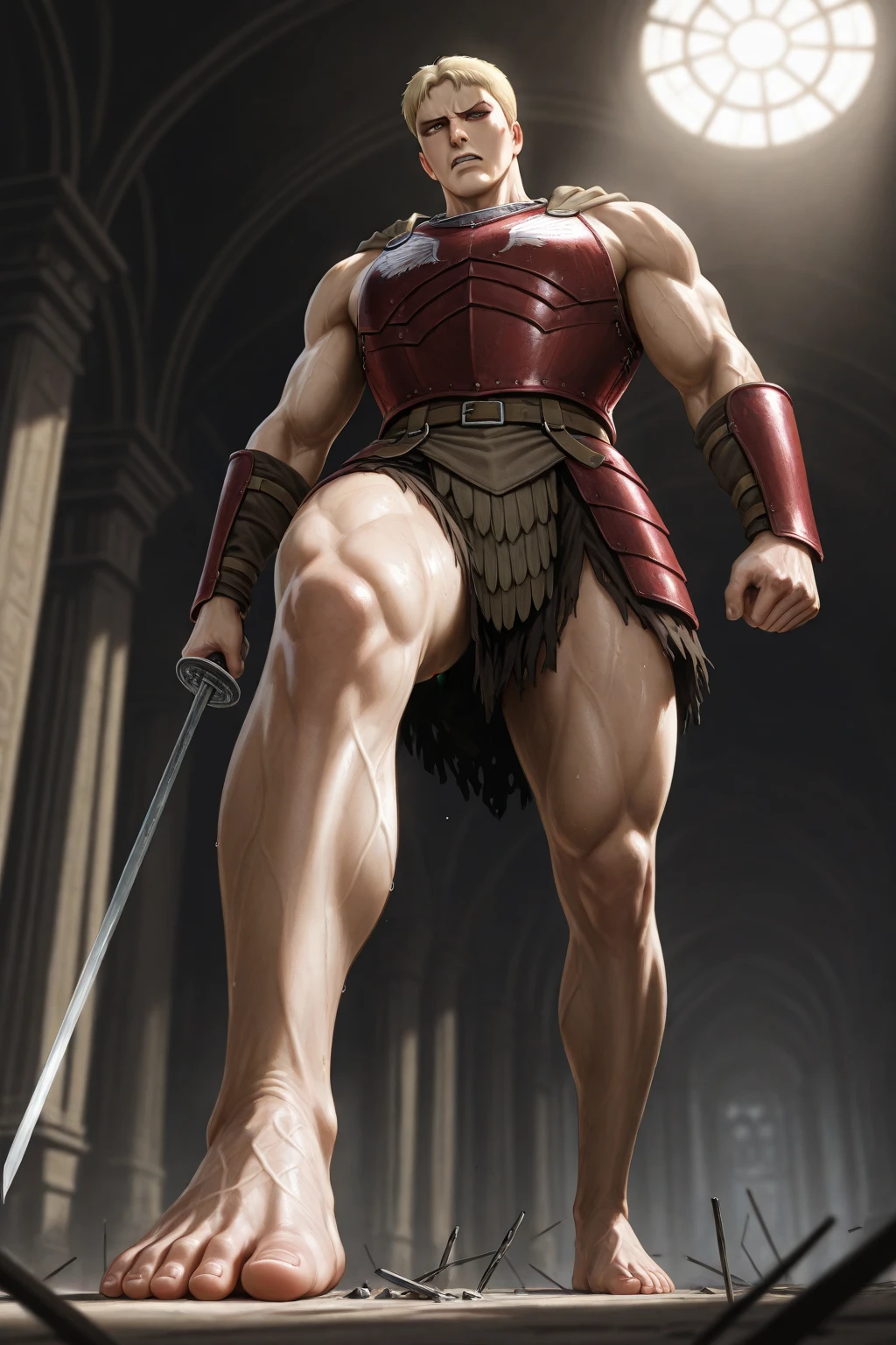 Subject: 1 Solo Female Gladiator Pose: Full body, whole body Standing tall, hands on hips (conveying confidence) Feet together, conveying a strong stance View from slightly below, emphasizing her power Clothing and Armor: Loincloth (detailed and well-crafted, showcasing her warrior status) Metal sandals, sturdy and battle-worn Leather choker, adorned with a gladiator emblem or small spikes (optional) Big belt, holding additional weapons or pouches (optional) Bracers on forearms, for protection Jewelry: Tiara (can be simple and battle-ready, or adorned with feathers or gladiator symbols) Additional Details: Strong, defined muscles Determined expression on her face Optional: scars or other battle marks that tell a story of her victories