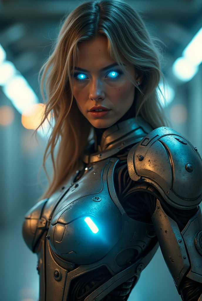 in the style of Artgerm and Adam Hughes, a woman covered in intricate white cybernetics, blue led lights, battle suit, cleavage, high tech, cyberpunk city background, ultra high def, 32k,