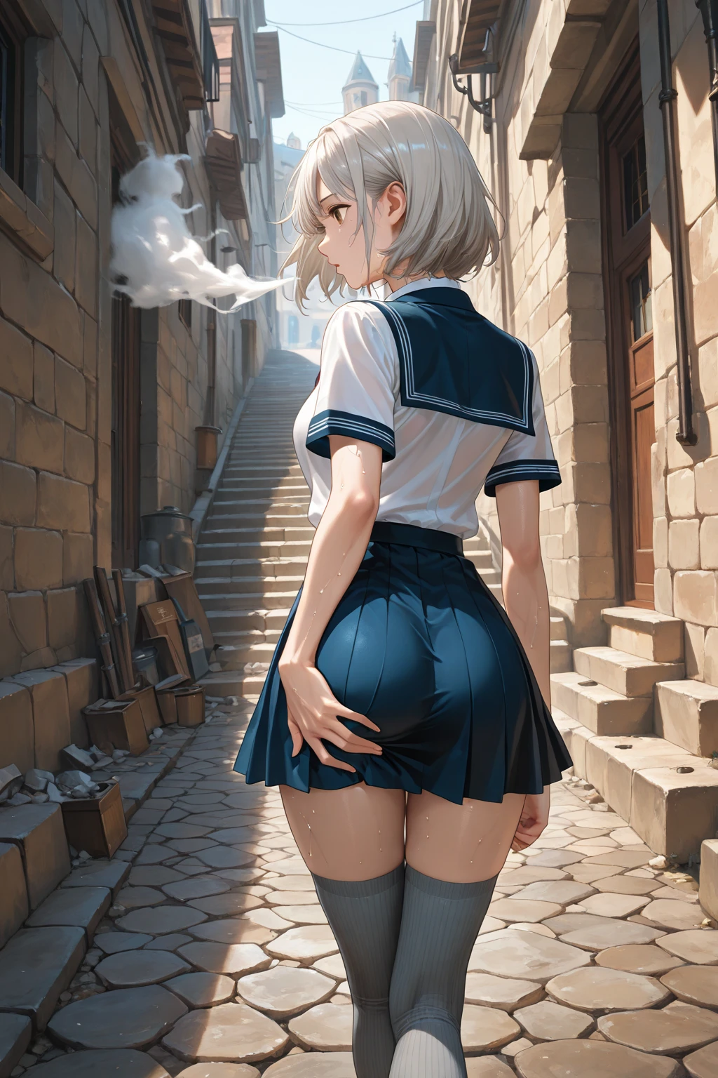 Just a girl with wavy silver hair that cascades to the middle of her back.. Brown eyes. Slim and athletic build.. She was wearing a blue skirt.., a light blue shirt. He was wearing sports shoes.. big ass, big