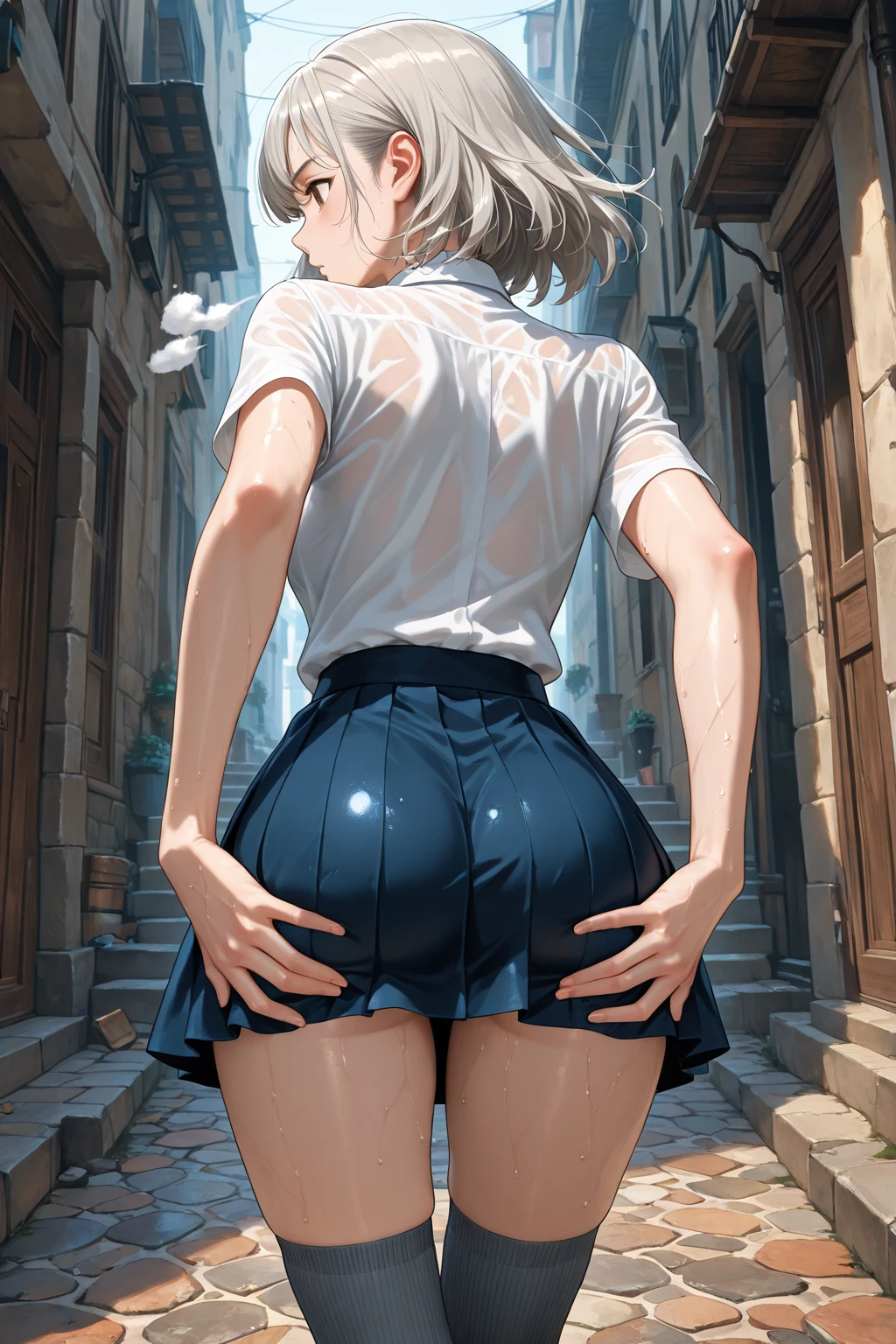Highest quality, High resolution, masterpiece、masterpiece, Highest quality, Super detailed, Fantasy、Wide Eyes、clitoris、Nipples、 One girl、(Brown Skin)、Full of energy(Smile and blush:1.3)、From below、From the back、(Big Ass:1.4)anus、another world、Black short hair、cute 、Grass grows on both sides of the cobblestones