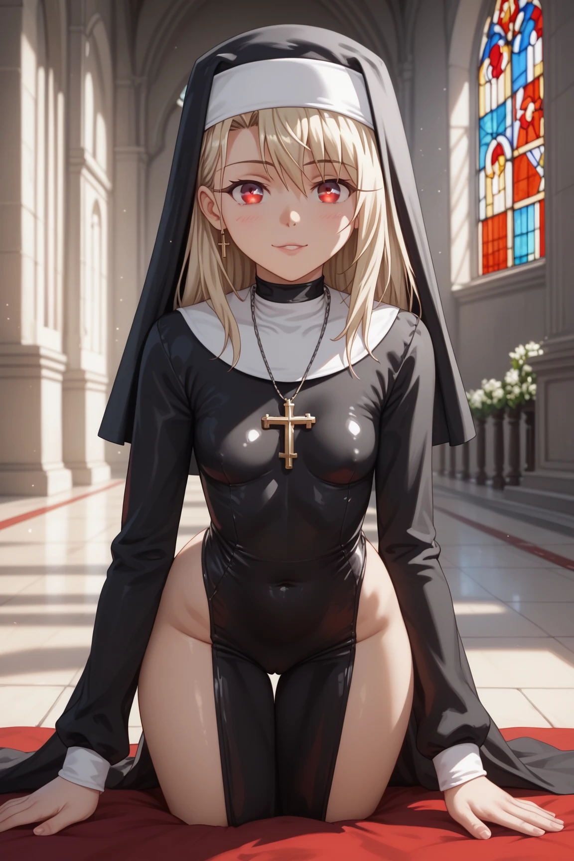young Scandinavian girl, loli, gyaru, Nun, tight clothes, petite body, slim, flat breasts, thin legs, thin legs, thighs apart, thin waist, church, cinematic lighting