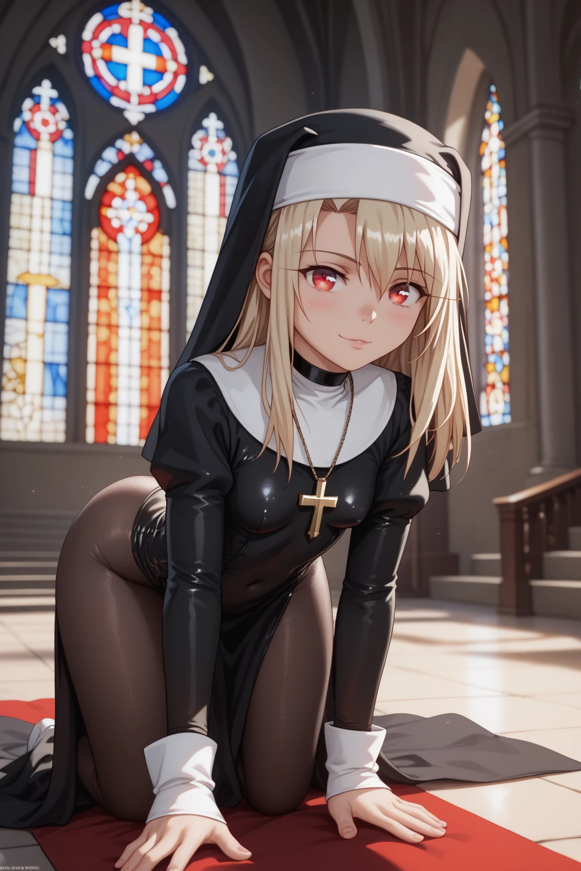 (best quality, 8k, highres, photorealistic:2.0), (solo, one girl:2.0),(lighting: front),(lighting: strong),(Russian Beauty:2.0),(very muscular girl:1.5),(bodybuilder girl:1.5),(shiny skin:1.5),(oily skin:1.5),(platinum blonde hair:1.5),(Squat down with both knees up and spread your legs apart:1.5),(raise both arms behind your head:1.5),(christian church location),(((medium skirt long sleeve nun wearing tight clothes))),(wearing white panties),(wear black stockings:1.1),(amazing orgasm:2.0),Blush brown makeup , dark eye makeup , use pink glossy lipstick, wearing a cross necklace, ((restraint, bondage)), ((restraint with handcuffs:1.2)),((being shackled)), (intense ecstasy:1.5)