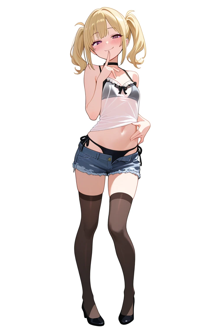 Blonde hair, , sexy, showing off curves sexy, gorgeous, caucasian, in the kitchen, smiling, cute, wearing tiny yoga shorts and a tube top, panties showing under the shorts, hair in a ponytail, seductive