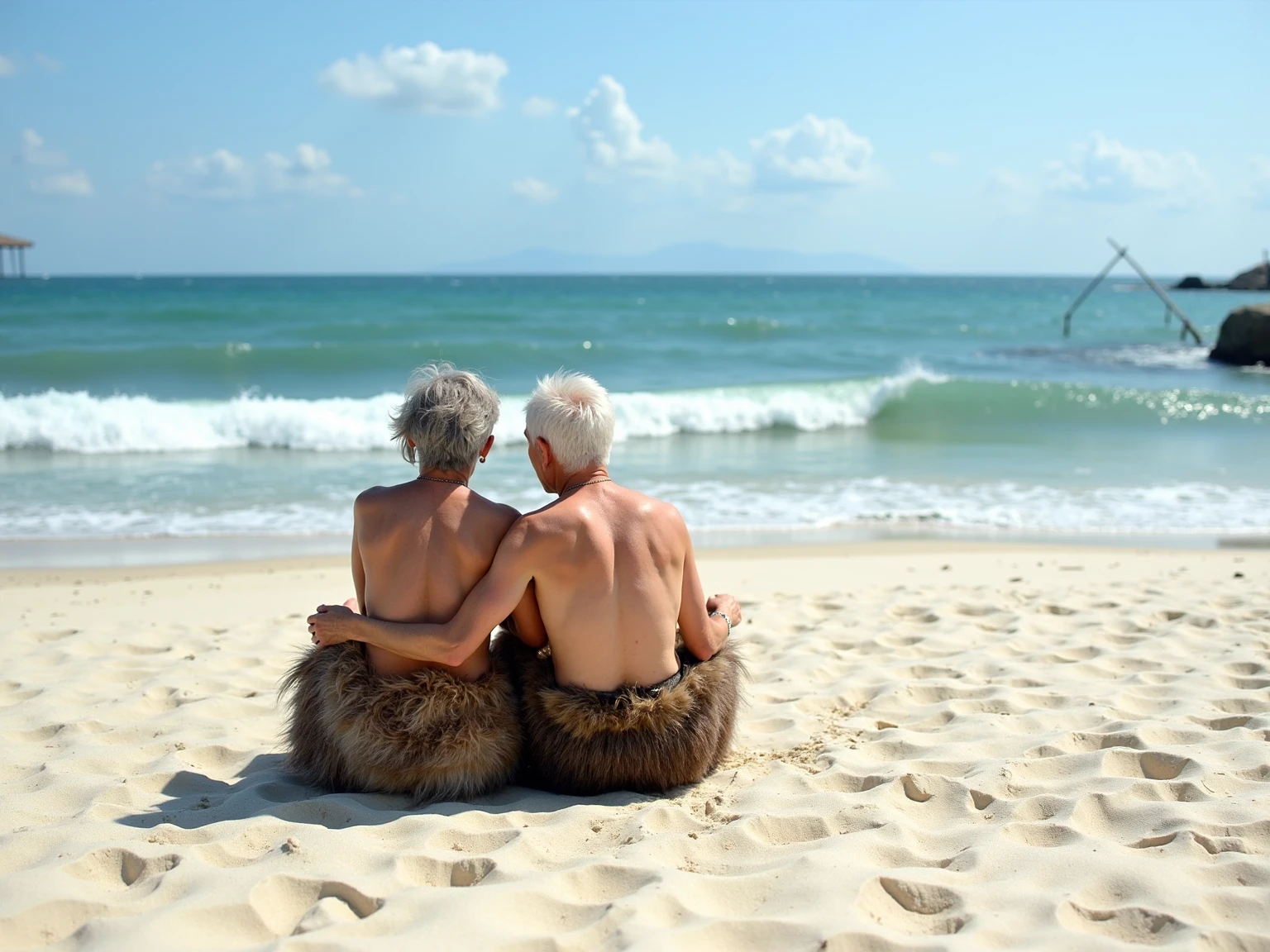 Tan, bald, middle-aged white man with beard and penis, and (((short-haired))) woman with vulva standing together on a deserted tropical beach