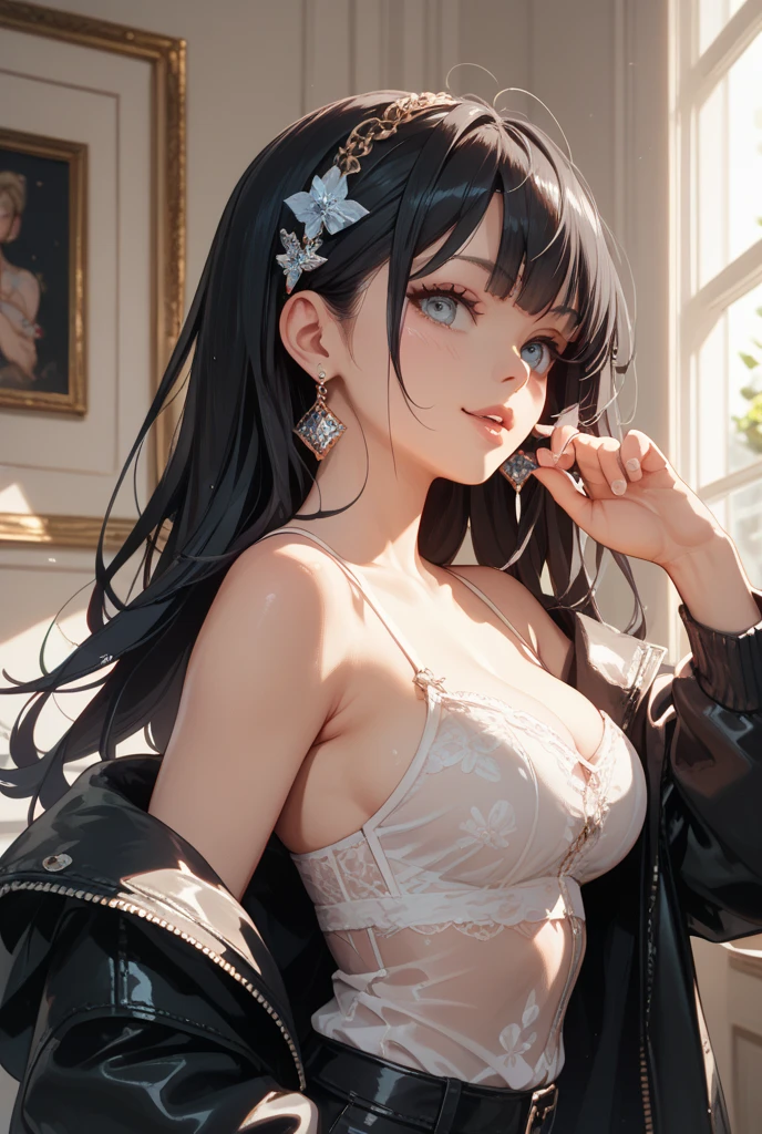 goth girl,1girl,((extremely cute and beautiful black haired anime goth girl)),(((16 years old))),(large breasts:1.2),((((black wavy hair:1.35,absurdly long unkempt hair,messy hair,colored inner hair,ear breathing)))),((heterochromia:1.5, (purple_eye and red_eye))),intricate eyes,beautiful detailed eyes,symmetrical eyes,Big eyes:1.5,((fat)),(((lustrous skin:1.5,bright skin: 1.5,skin tanned,shiny skin,very shiny skin,shiny body,plastic glitter skin,exaggerated shiny skin,illuminated skin))),(spider lower abdomen,narrow waist,wide hip,athletic body,inflated legs,thick thighs,detailed body,(detailed face)),
cute,slutty,seductive,erotic,(nsfw),
zettai ryouiki,revealing clothing,show skin,((deep Neckline Sports Bra,black bra)),(black tiny thong),(((Black Eyeshadow,Thick Black Eyeliner,Long Dramatic Eyelashes,Black Lips,intricate makeup))),(((intricate outfit,intricate clothes))),
(dynamic pose:1.0),embarrassed,(centered,scale to fit dimensions,Rule of thirds),
inside,indoor,((black gothic room)),scenery:1.25,((intricate scenery)),((winter decorations)),Christmas tree,
(Glossy winter ornaments),highres,sharp focus,(ultra detailed,extremely detailed),(photorealistic artwork:1.37),(extremely detailed CG unity 8k wallpaper),(((vibrant colors,vibrant theme))),(intricate),(masterpiece),(best quality),