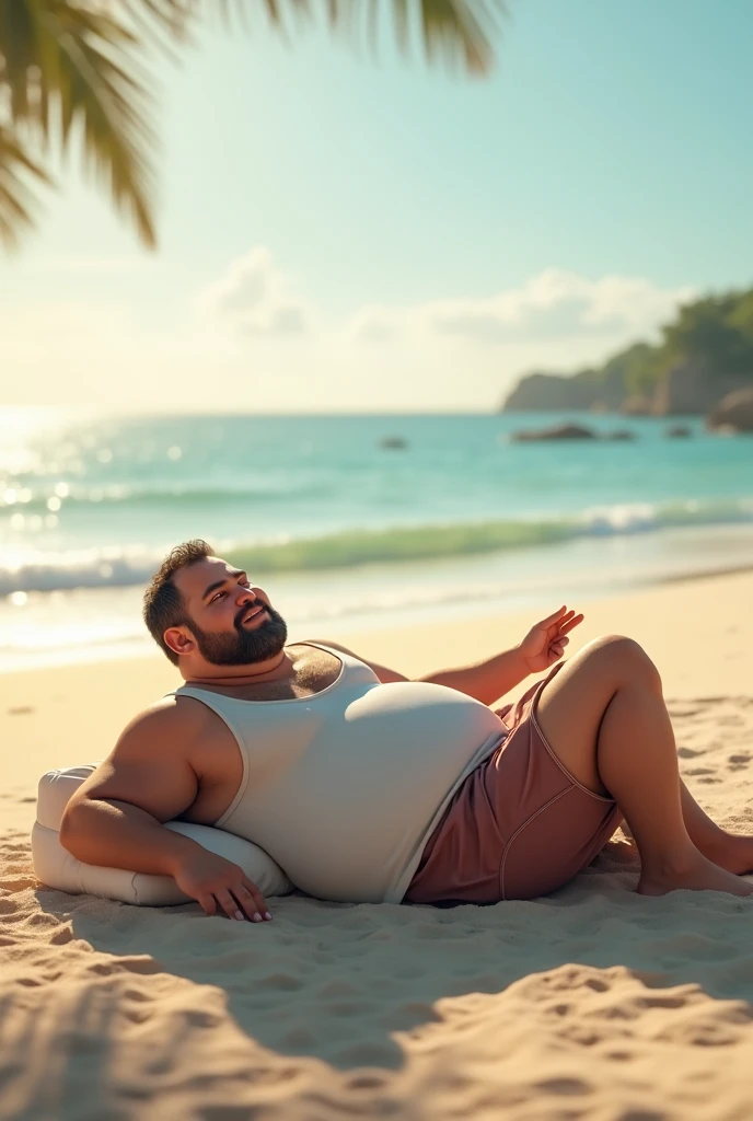 On the beaches of Bora Bora, on a sunny day, on an empty beach, a chubby man in speedo shorts, drinking a piña colada and having a sign in the image above that says "Miguel Vieyra loves Bora Bora" 