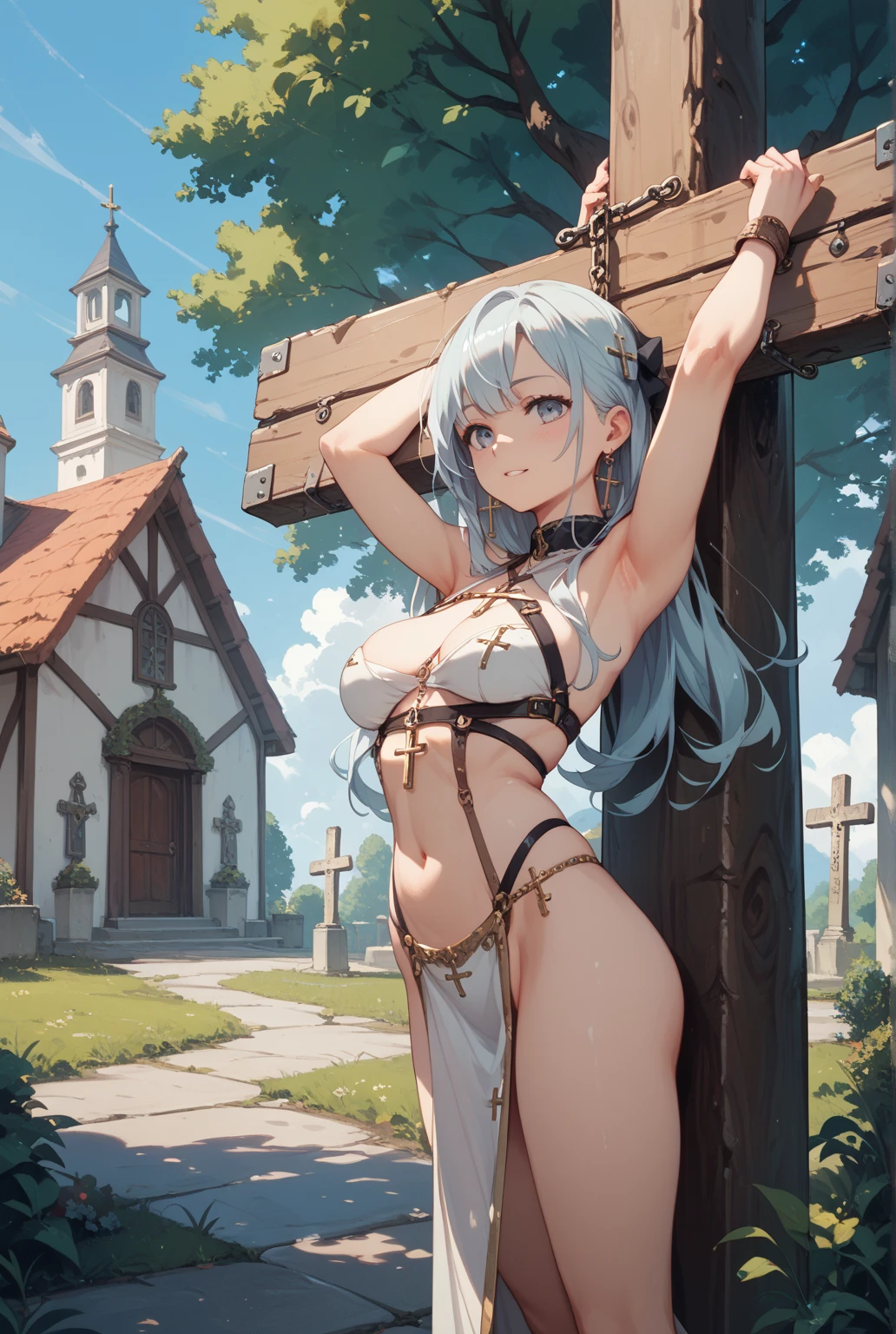 {{{nsfw:1.5}}},One Girl,18-year-old,Excellent anatomy, masterpiece, Highest quality,Realistic, hyperRealistic, 16k hdr,(Metal collar,Cleavage,damaged body,Sweat,Beautiful Face,Mature Woman,Muscular Paladin,Torn Costume,Arm guard,Leg guards,Scapula,Body in chains:1.2),(blush,anger:1.2),{{Whip marks on body and legs:1.7}}},Fantasy World,Outdoor,village,blue sky,(Surrounded by many violent goblins,Hold the whip:1.3),(Old wooden cross with scary decoration:1.3),(Crucifixion,Spread the word_arms,Tie your arms:1.5),