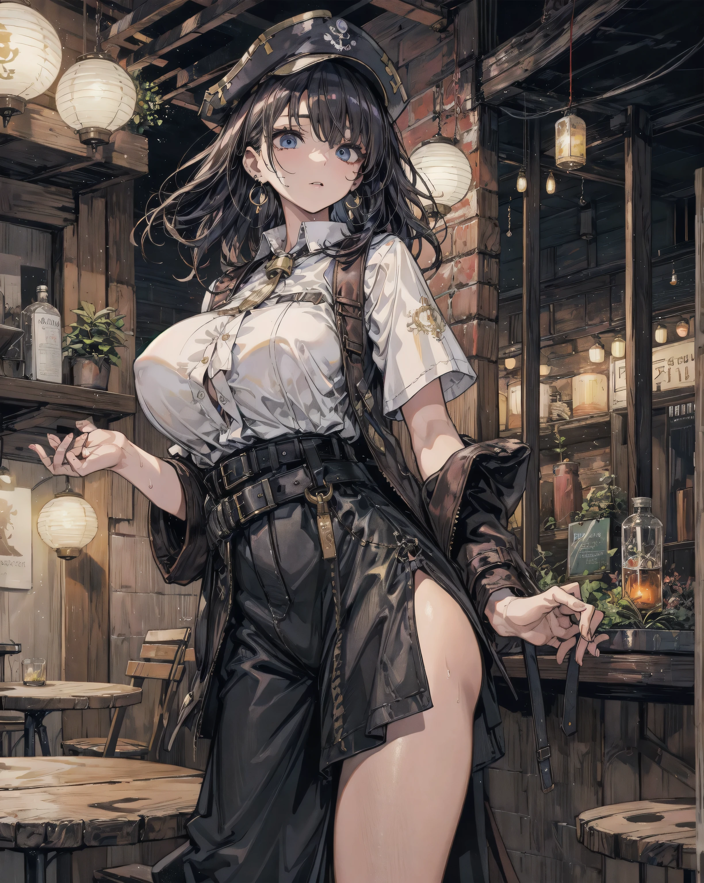 (from below:1.2),(from side:0.9), ((Face)), (Close-Up:0.4), masterpiece,"A 26-year-old girl stands at a bar counter. She is dressed in a stylish off-shoulder dress, sweater dress, off-shoulder sweater, red sweater,garter stocking, cleavage:1.1, midriff, black shorts, black thighhighs, thigh strap, pretty girl, (highly detailed beautiful face and eyes,firm breasts),real skin,((black,hair,long pony tail hair)),thin pubic hair,cute and lovely pose, detailed eyes, This masterpiece is only visually stunning but also tells,(double breasted:0.6,under bust:0.6),(with sparkling eyes and a contagious smile),open mouth. The bar is beautiful, with colorful bottles of alcohol in the background and a soft glow from neon lights. The atmosphere is relaxed, and the girl looks confident and fashionable.",full body, sexy pose,make a cocktail , in a bar counter, Looking at Viewer,