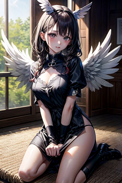 ((best quality)),(Ultra-high resolution),(Super detailed),(Detailed description),((Best CG))(Fantasy art with precise details:1.5), Black Hair,European classical long dress,Elizabeth neckline,(1 Female Angel:1.6),Angel Wings,side,Injuried,Blood,Half kneeling,Serious expression,get shot,Being chopped