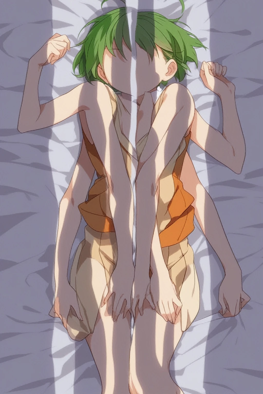 Naked woman with short green hair, short height and small breasts having lesbian sex