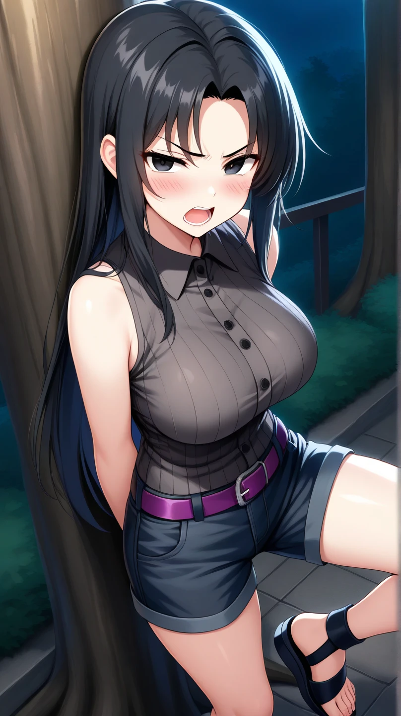 quality, masterpiece, highly detailed, 1girl, solo, dohui baek, blush, black shirt, removing her clothes, bra, half removed clothes, sitting on chair, smile