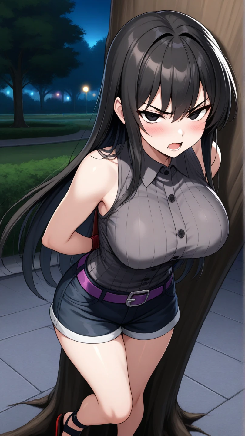 (((high quality, High resolution, Finer details))),Japanese women,14-year-old face,Black eyes,Brown eyes,iris,Black Hair,bangs,long hair down to the back,,Straight Hair,Soft lips,Lipid muscle,(Big Breasts),A plump belly,Big ass,Short,camisole,mini skirt,((Show the whole body)),(Front view 1.1),
