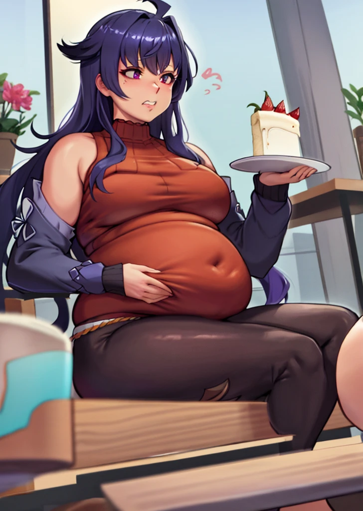 fat, large belly, big belly, very fat, large stomach, chubby (best quality, masterpiece), fat belly, ganyu, ganyu, girl, sitting, table with food, fat, safe for work, wearing clothes