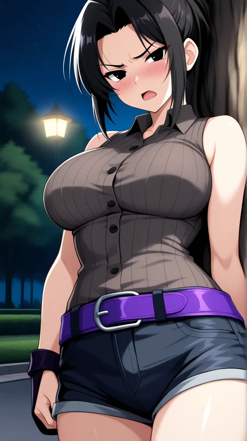 Highschool dxd, Akeno Himejima, 1girl, ((bimbo))), purple eyes, puffy lips, painted lips, thick lips, wide hips, thick thighs, huge round natural breast, huge ass, bubble butt, erotic smile face, shiny skin, blue jeans, leather jacket, black bra, enormous natural breasts, posing