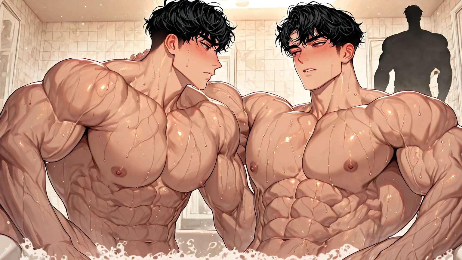 His facial features were gorgeous.The boy’s eyes briefly touched with indifference, but his blue peach blossom pupils that was like the vast sky and vast ocean could cut into anyone.His skin was white and smooth, and his weaker looking body was covered with thin and graceful muscles. He had solid abs, his small navel and sexy V line exposed.he had a beautiful waistline.he had messy black hair, his eyes had long eyelashes,he had a calm expressionless face though his body was dripping from head to toe with water,his half buttoned up polo thats wettightly clinging to his muscles