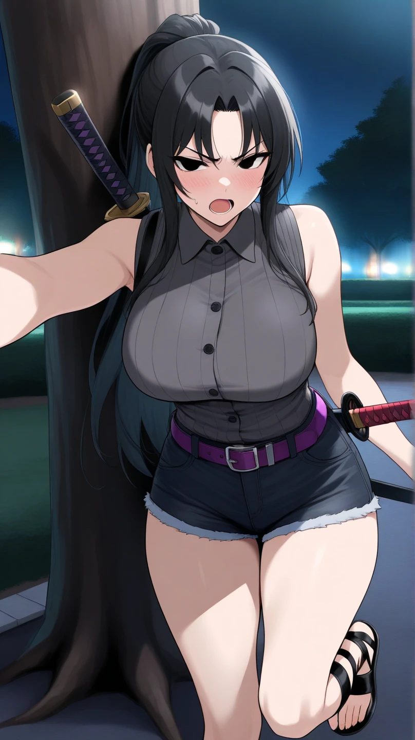 20 year old woman, busty, bubble butt, hourglass figure, skinny, blushing, frustrated expression, horny, seductive, black hair, long hair, straight hair, wearing latex sports bra, zipped tank top, latex skirt, pleated skirt, belt, tights, heeled boots, glasses, elbow gloves, tight fitting clothing, middrift, cleavage, anime, city at night, outside, punk, punk style, punk hair, doujin style, manga, flat colours