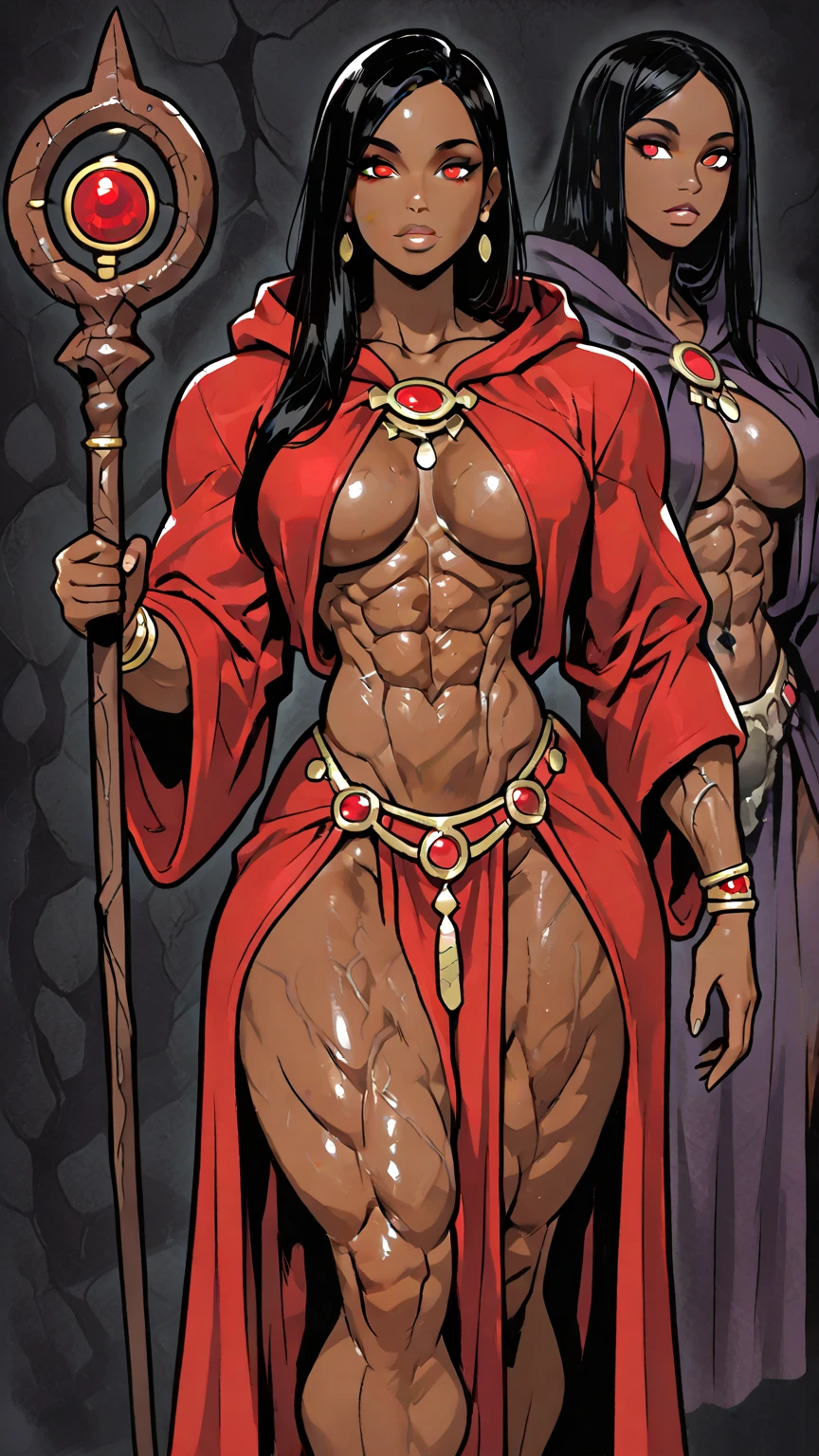 (Score_9, score_8_up, score_7_up, seductive face, tall, shoulder tattoos, chest tattoos) arms to sides, solo, 1futanari, mortal kombat, eyes, eyeliner, black lips, dark brown skin, (black wavy hair, red highlights,) ponytail, bangs, red x-strap dress, big breasts, bare shoulders, red handwraps, silver armlets, red waist armor and belt, pelvic curtain, exposed huge penis, flaccid penis, precum, black accents, silver decorations, silver ringed necklace, bare thighs, red wrapped legs, septum ring, Nyantcha Style, source_anime, rating_explicit