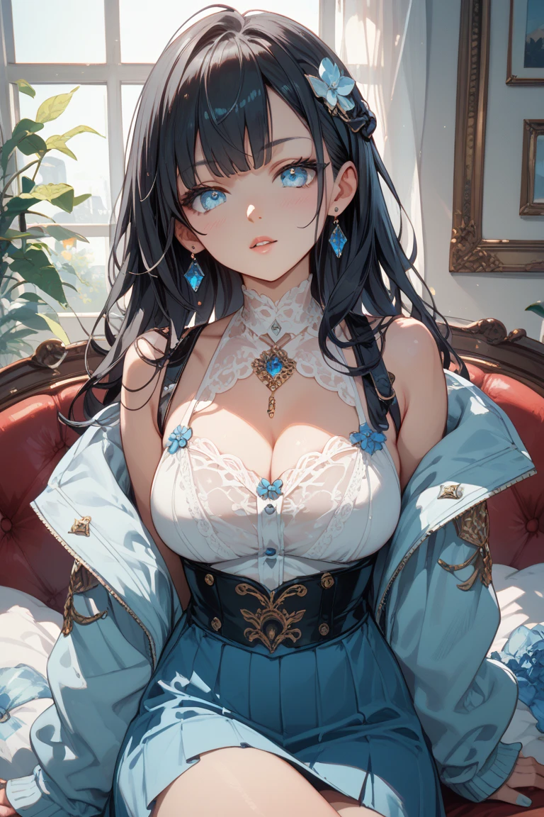 Portrait of the face of a mature woman ， with long coiled hair，鎖骨，huge tit，gigantic cleavage breasts，cleavage，Huge breast，white colors，Gold photo frame edge， Floral frame， Decorative panels， abstracted，waistup，Corset，photorealestic，Artistically，An Alphonse Mucha's
（tmasterpiece，best qualtiy，A high resolution：1.4），the detail，complexdetails，4K，colored splashing，Line art，Fibonacci，