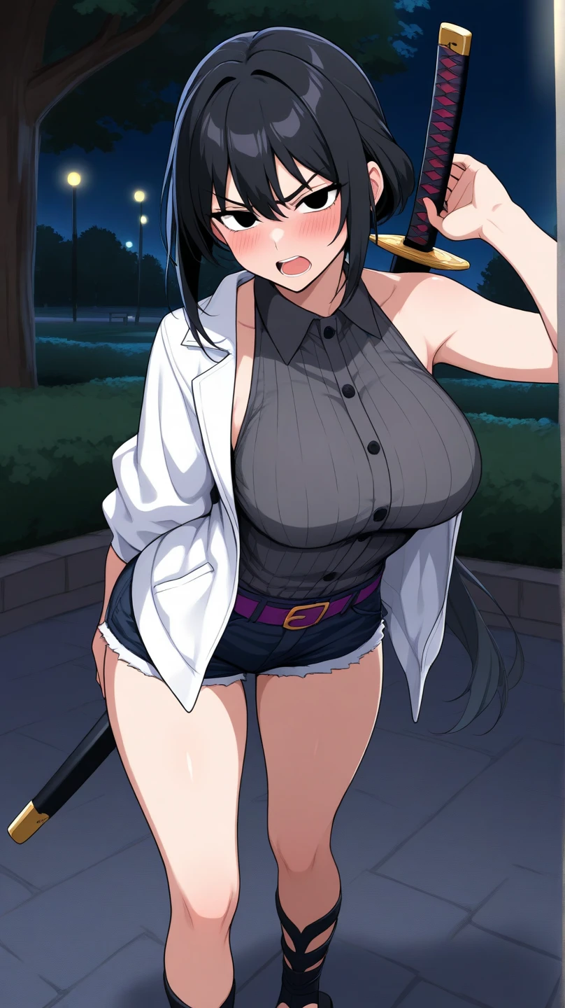 Sans_human version,black hair,curvy body, medium breast,big thighs,wears oversized black jacket,grey shirt,no pants,arms in pocket,smoking cigars,midnight setting,sans art style, nsfw.