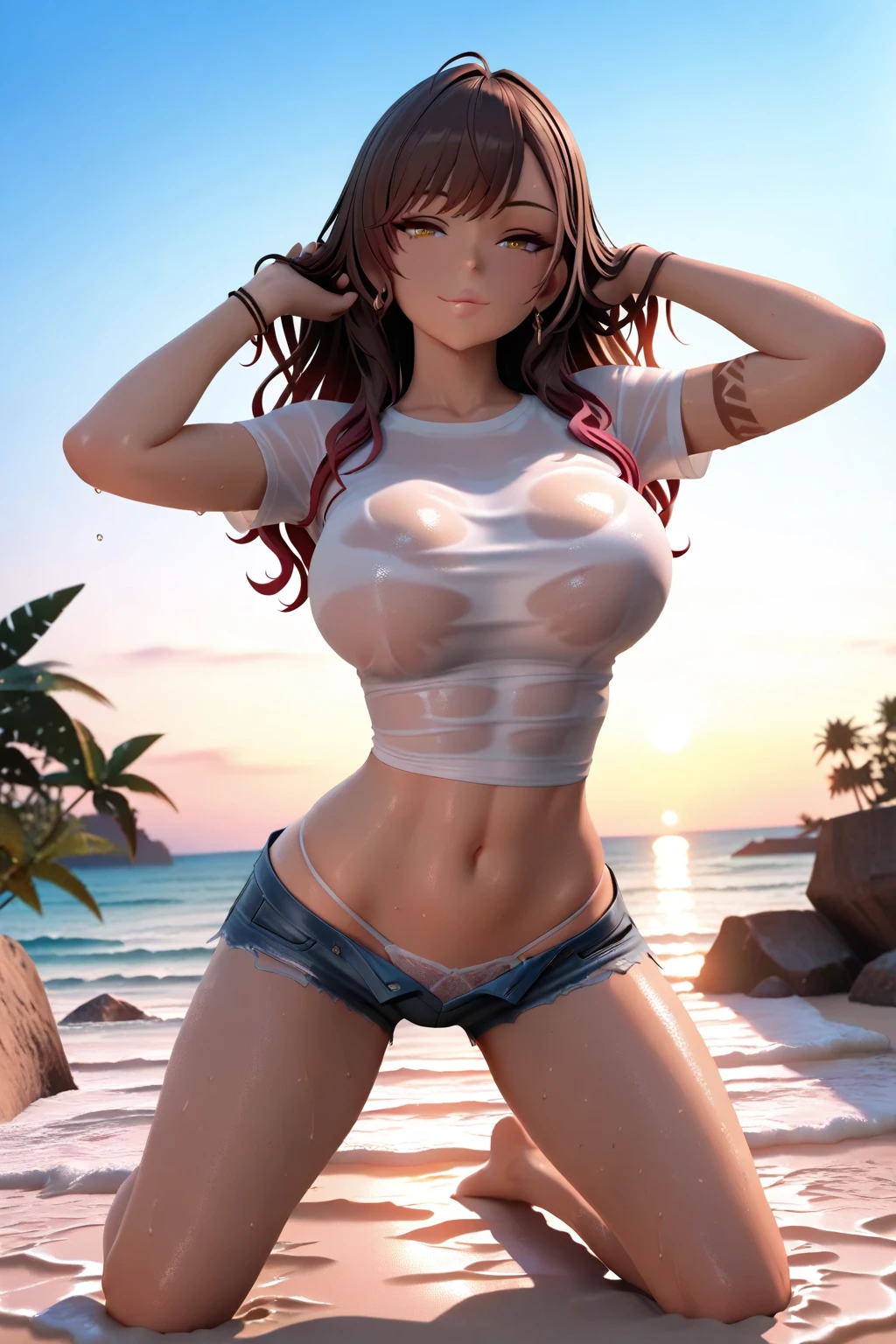 Hanieko bleach, foto de corpo inteiro , pernas grossas e bonita do mais alto grau baseada na personagem hanieko extremely high quality, A mais alta qualidade de imagem, Top resolution, Fotos RAW, Foto Realista, ultra detalhado e bonito, Detalhes mais altos, Pele clara bonita, (seios grandes, seios aparente, micro bikini, medium hips, Athletic body, olhos pretos brilhantes, cabelos curto, cabelo vermelho curto, arte digital, 4k, detalhes perfeitos, hipnotizant es, feito profissionalmente, beautiful vector illustration, 12k resolution, ..3d, ((altamente detalhado)),((Ultra alta qualidade)), na praia, bem detalhado