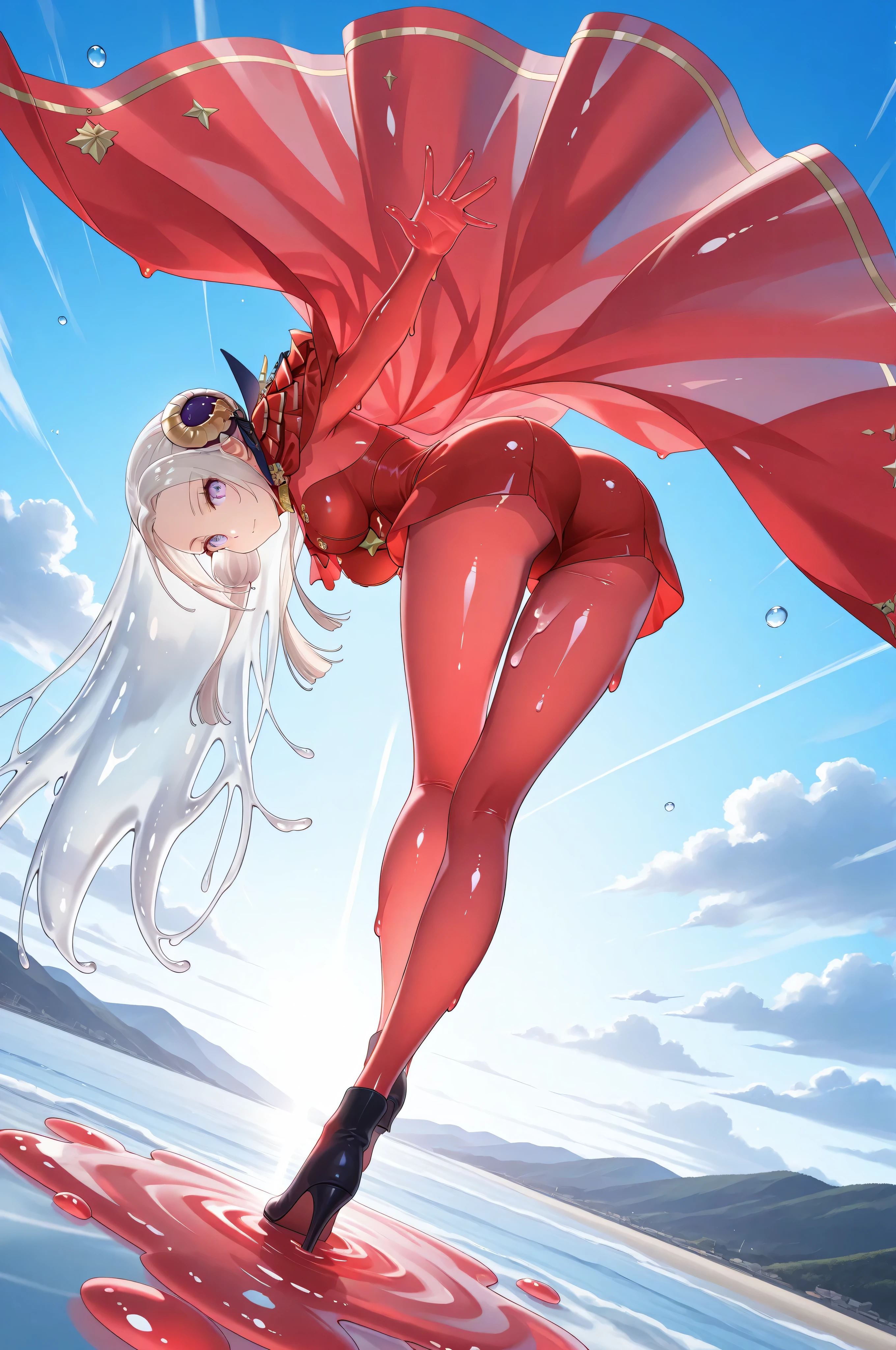 See-through clothes,eyesHD,JellyGirl, transparent skin, transparent, translucent, jelly, slimegirl, liquidy, viscous 1girl, monster girl, slime girl objects in body,slime girl,transparent,translucent,See-through clothes,(adult Edelgard:1.0, sss:1.0, translucent:1.0, subsurface scattering:1.0, transparent, transparent red cape, transparent red pantyhose stockings), dynamic pose:1.0, scenery, great angle, nice image composition, 