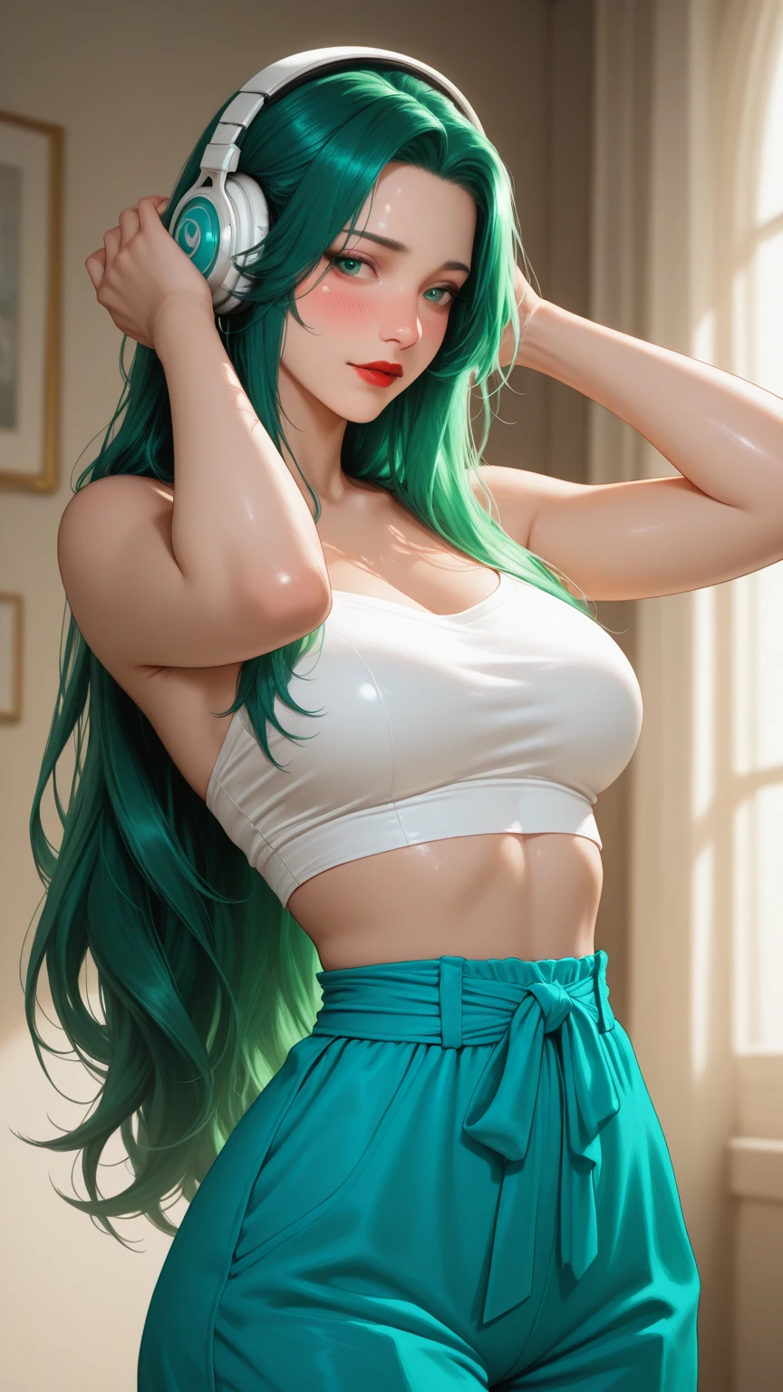 a female who has hazel eyes and green hair. Her true form is that of a tall, fully-grown curvaceous and well-endowed adult with long waving green hair. Notably, she has a scar and the crimson line that runs across her face, and pronounced lower canine teeth. Her gown is now torn into a skirt and a top, connected with a single strip across her abdomen.