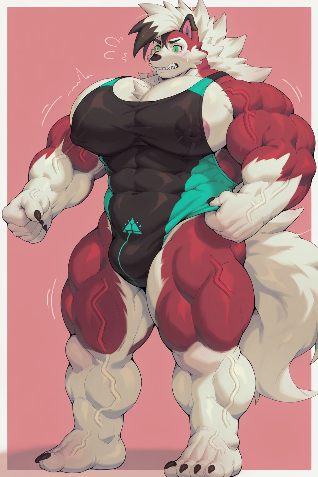 a drawing of a white anthro bunny with red eyes, winking, white tshirt and red shorts, thicc, thick lineart, heavy lineart, large muscles, robust stocky body, exaggeratedly large physique, proportionally oversized chest muscles, beefcake pose, grasping his pec, strong pose, big muscles, muscular character, muscular! white, wide torso, big biceps, full character body, thick black lineart, bulging muscles, huge thighs