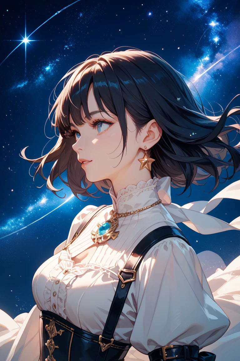 Enter a world of wonder and fantastic beauty, Where reality and dreams intersect. Imagine a breathtaking sea of stars, Sparkling above the fluffy clouds. In the foreground, A young girl is standing on a cloud, Her silhouette in the panorama of the sky. Depicts the posture of a girl looking up at the vast starry sky, Capture her sense of awe and respect. Explore the emotions evoked by the scene - a mix of surprise and emotion, curiosity, And a deep connection to the vastness of the universe. Think about what this moment means to the girl.。Is she thinking about her place in the universe?。, Seeking solace and inspiration, Or maybe she'll embark on her own celestial journey.? Break: Make a short story、It creates an atmosphere, Use evocative words、emphasize the surreal and otherworldly nature of the scene. Exploring the interplay between the tangible and the intangible - the solid clouds beneath her feet and the endless stars above々Contrast of. Consider incorporating sensory details, such as the soft feel of clouds., The sound of distant celestial music, Or the faint scent of stardust in the air.
