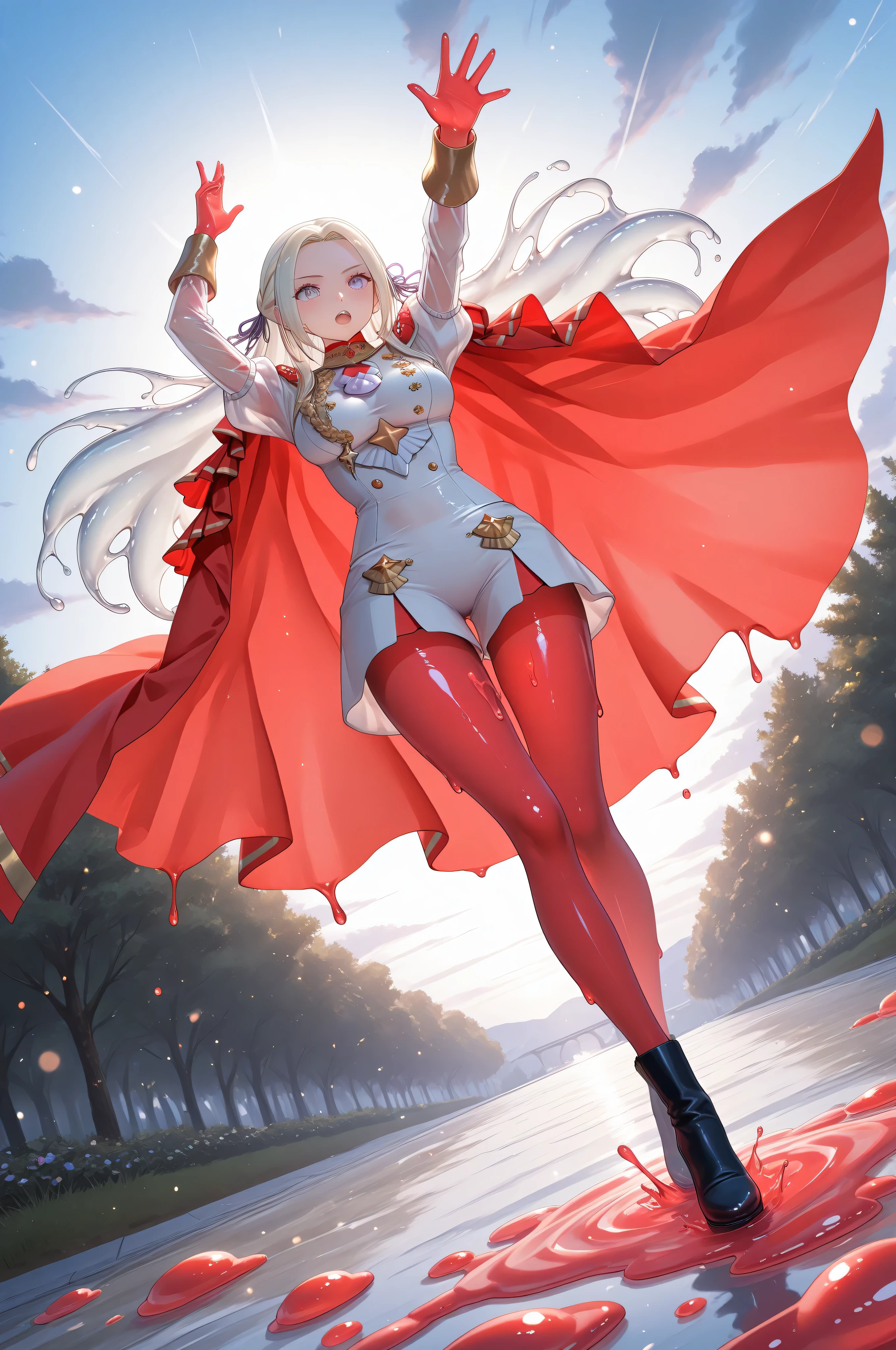 See-through clothes,eyesHD,JellyGirl, transparent skin, transparent, translucent, jelly, slimegirl, liquidy, viscous 1girl, monster girl, slime girl objects in body,slime girl,transparent,translucent,See-through clothes,(adult Edelgard:1.0, sss:1.0, translucent:1.0, subsurface scattering:1.0, transparent, transparent red cape, transparent red pantyhose stockings), dynamic pose:1.0, scenery, great angle, nice image composition,