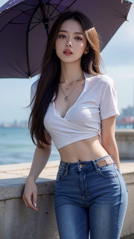 (Masterpiece, realistic, high resolution), (1 girl): 1.2), Chinese, ((black wavy hair): 1.3), (heterochromic eyes: 1.1, thick eyebrows), tie, (white transparent shirt, gray transparent sports shorts), ((medium breasts): 1.3, thighs), outdoor, blue sky and white clouds